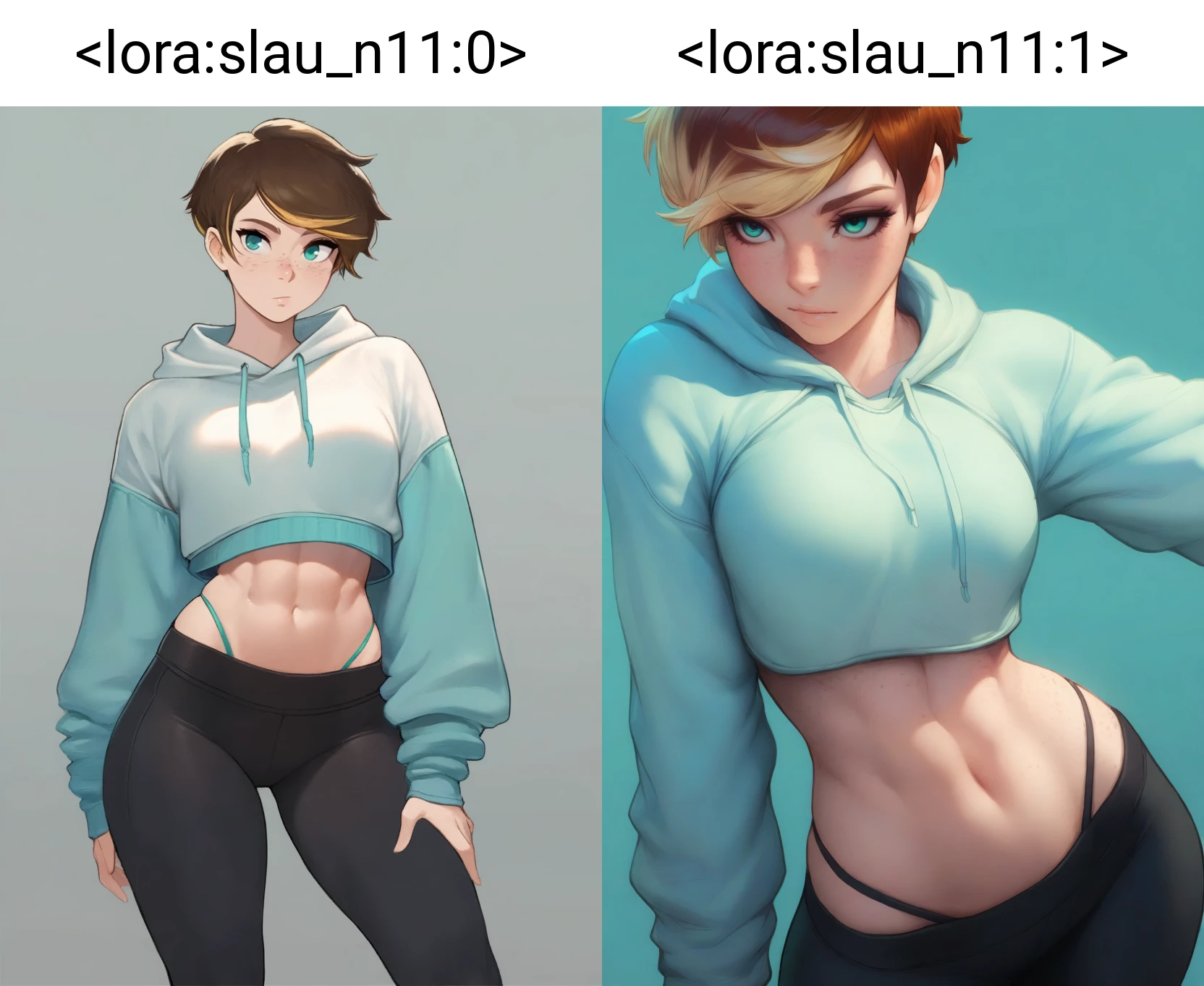 masterpiece, best quality, very aesthetic, 1girl,simple background,pixie cut,swept bangs,blonde hair,brown hair,streaked hair,freckles,teal eyes,leggings,cropped hoodie,midriff,toned,highleg panties <lora:slau_n11:0>