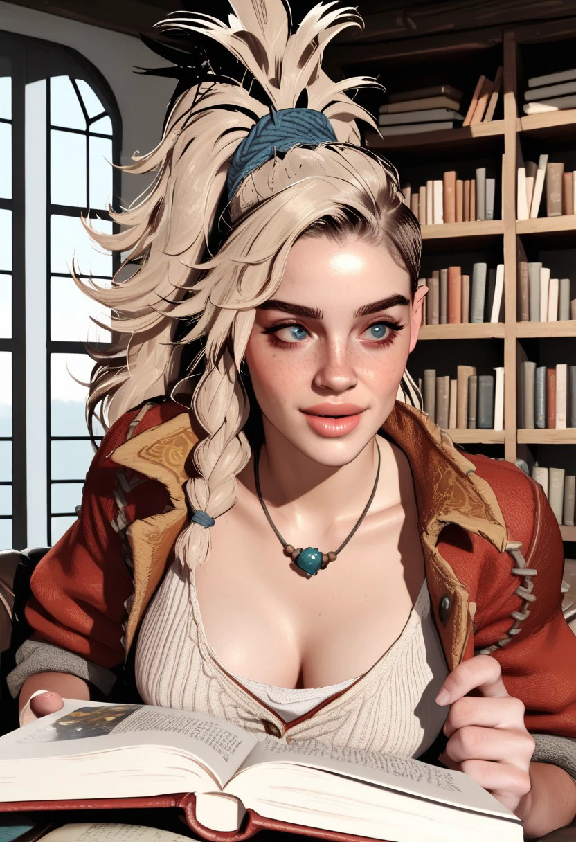 score_9, score_8_up, score_7_up Gemma freckles Monster Hunter Wilds reading a book