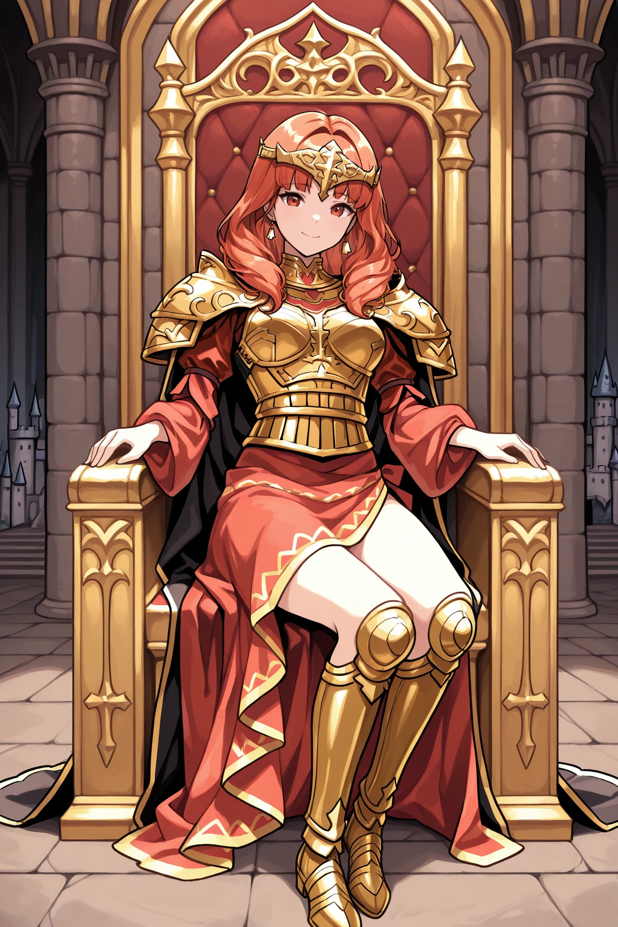 masterpiece, best quality, 1girl, solo, <lora:fecelica-illu-nvwls-v1:1> lgCeli, red hair, red eyes, circlet, gold earrings, black cape, gold trim, gold armor, red sleeves, red sarong, gold boots, sitting, throne, full body, medieval, castle, full body, throne room, looking at viewer, smile