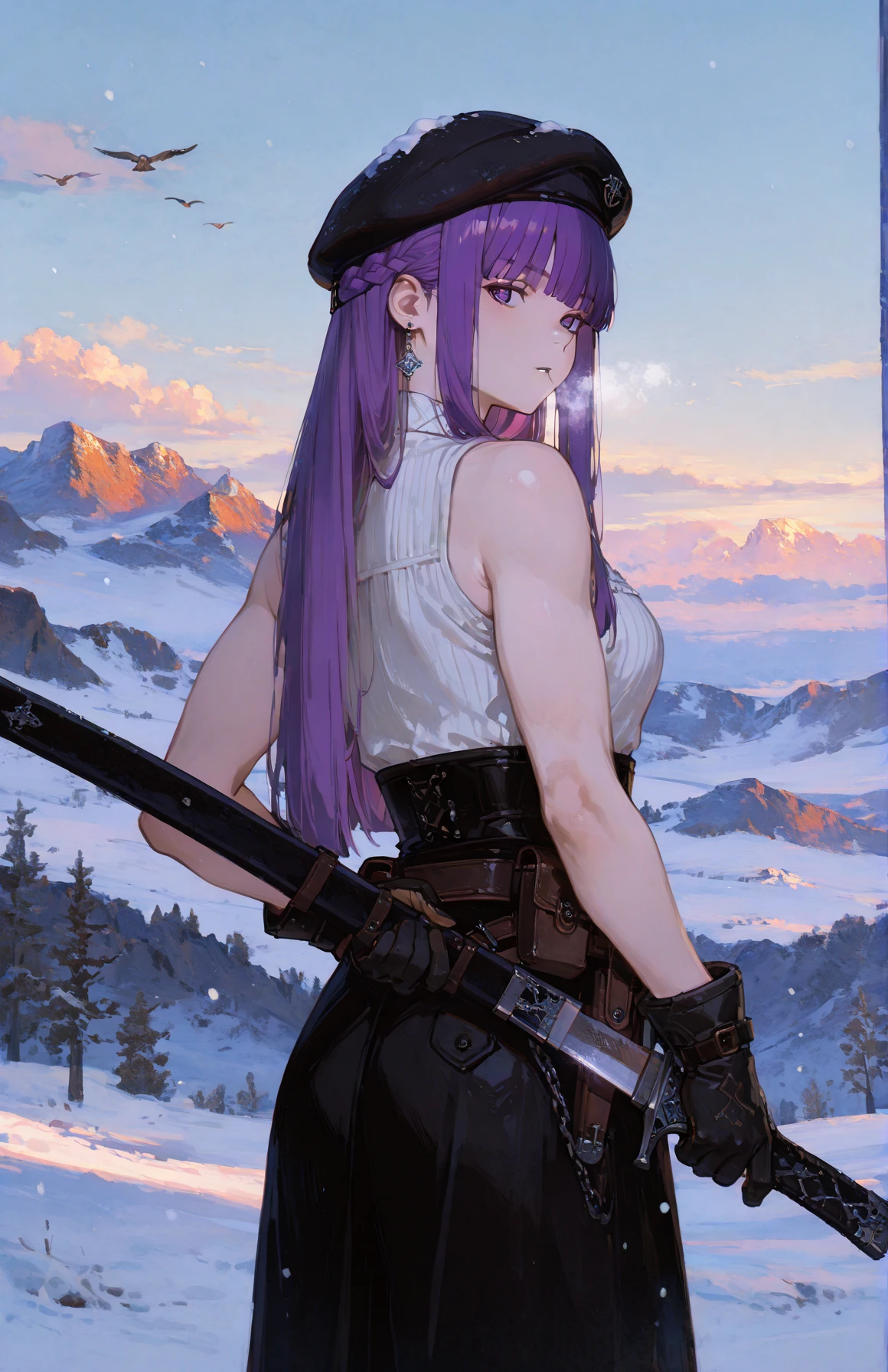 perfect quality,high quality,masterpiece,best quality,amazing quality,very aesthetic,absurdres,Cinematic Lighting,newest,Tactical use of shadow,
FERNCYQL,1girl,solo,purple hair,blunt bangs,straight hair,sidelocks,purple eyes,long hair,
lookingatviewer,outdoors,gloves,holding,sword,weapon,blackheadwear,hat,snow,mountain,frombehind,sky,holdingweapon,bird,holdingsword,lookingback,blackgloves,scenery,bareshoulders,closedmouth,breasts,cloud,standing,sleeveless,skirt,blackskirt,beret,snowing,beltpouch,fingerlessgloves,jewelry,sheath,blackpants,pouch,back,pants,belt,shirt,barearms,mediumbreasts,fromside,day,cowboyshot,bluesky,cloudysky,sleevelessshirt,braid,ice,chain,mountainoushorizon,earrings,croptop,flock,unsheathing,feathers,blurry,bareback,
<lora:spo_sdxl_10ep_4k-data_lora_webui:0.5>,<lora:illustrious_all_rated_v1:0.6>,<lora:748cmSDXL:0.8>,748cmstyle,<lora:DarkerThanBlackIllustrious:0.5>,<lora:EtherSDXL:0.5>,EtherStyle,<lora:FERN_Illustrious by Cyql:1>,