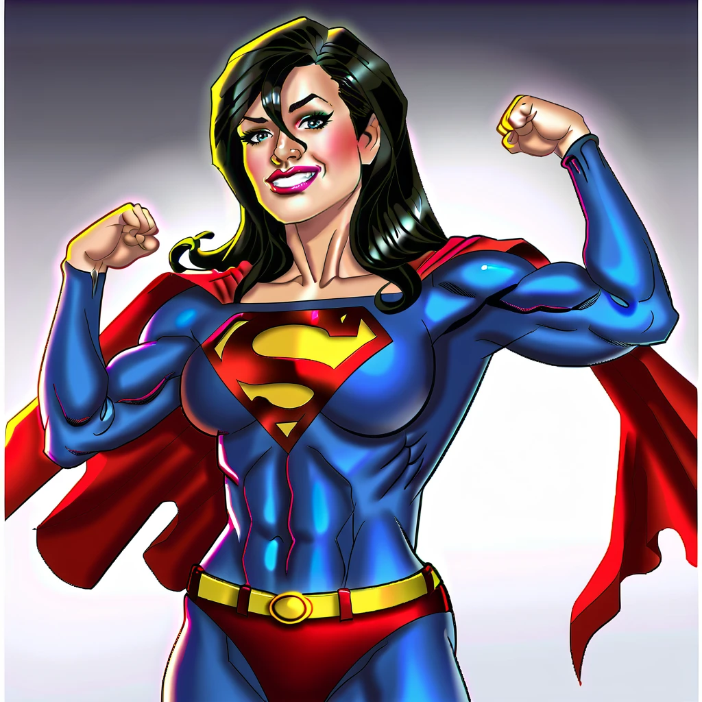 <lora:JEstacado_pony_v1:1> score_9, j-estacado_style, j-estacado, source_artwork  <lora:superwomanfanart_pony_v1:0.7> Superwoman, 1girl, superhero, muscular female, breasts, bodysuit, belt, flexing, hair between eyes, red cape, black long hair