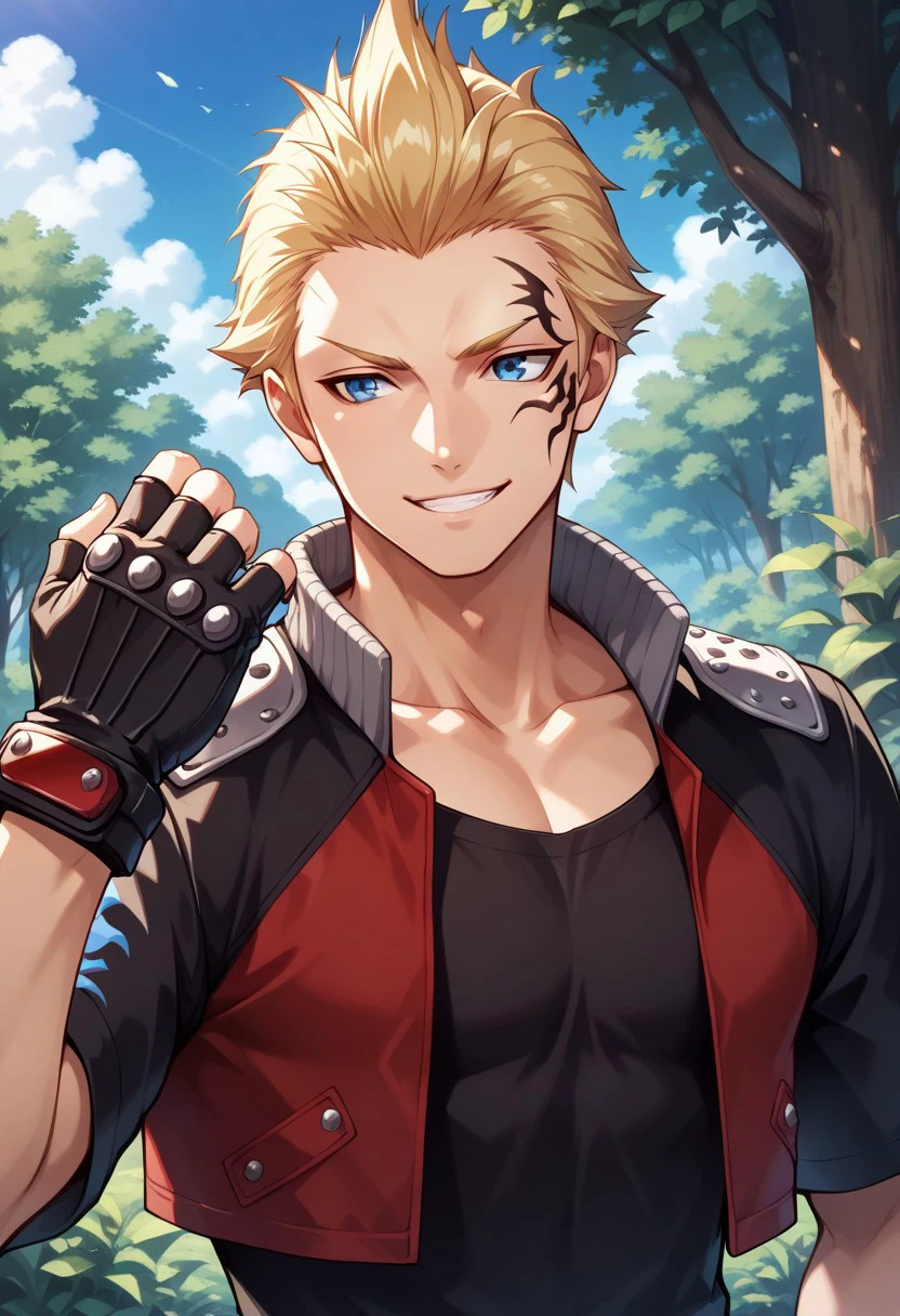 masterpiece, best quality, 
zell, 1boy, male focus, solo, blue eyes, blonde hair, short hair, spiked hair, tattoo, facial tattoo, shirt, black shirt, collarbone, jacket, cropped jacket, multicolored jacker, black and red jacket, short sleeves, open jacket, open clothes, gloves, fingerless gloves, smile, grin
outdoor, nature, sky,