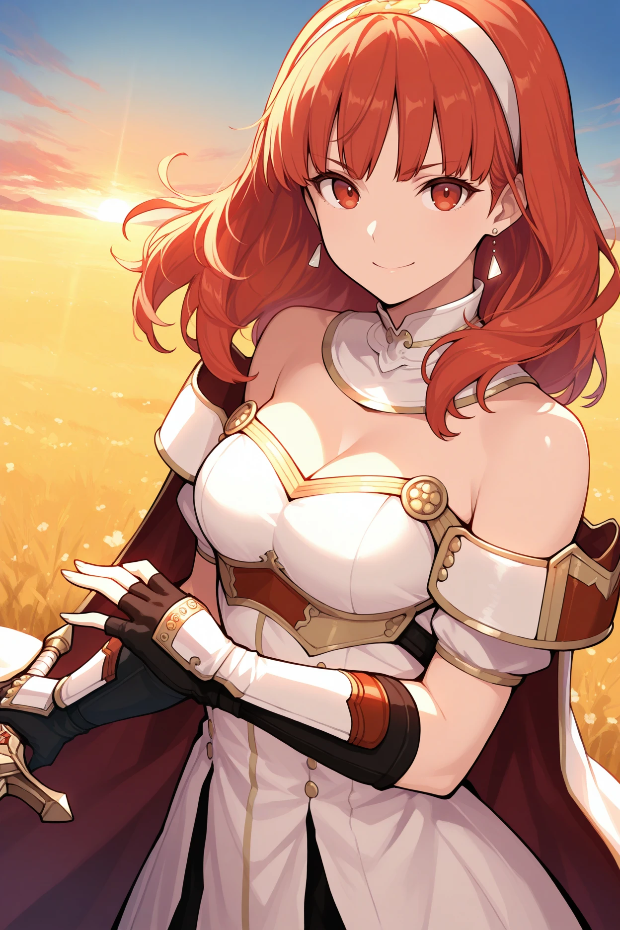 masterpiece, best quality, 1girl, solo, <lora:fecelica-illu-nvwls-v1:1> feCeli, red hair, red eyes, hairband, earrings, cape, detached collar, white dress, cleavage, bare shoulders, arm guards, fingerless gloves, upper body, looking at viewer, sunset, field, blue sky, smile, determined, holding sword