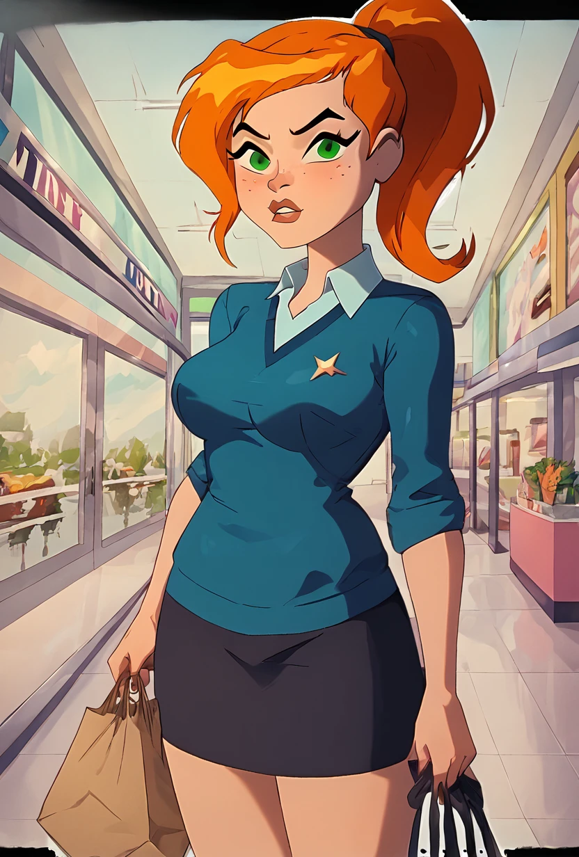 <lora:ovgwen-03:1> ovgwen, green eyes, 1girl, ponytail, orange hair, solo, blue shirt, freckles, white collared shirt, black skirt , sweater,  detailed background, mall background, shopping for clothes, hand bag, paper bag, <lora:Bluethebone_Style_PonyXL:1> bluethebone style, score_9, score_8_up, score_7_up,, detailed shading, detailed ambient light, detailed background, masterpiece,