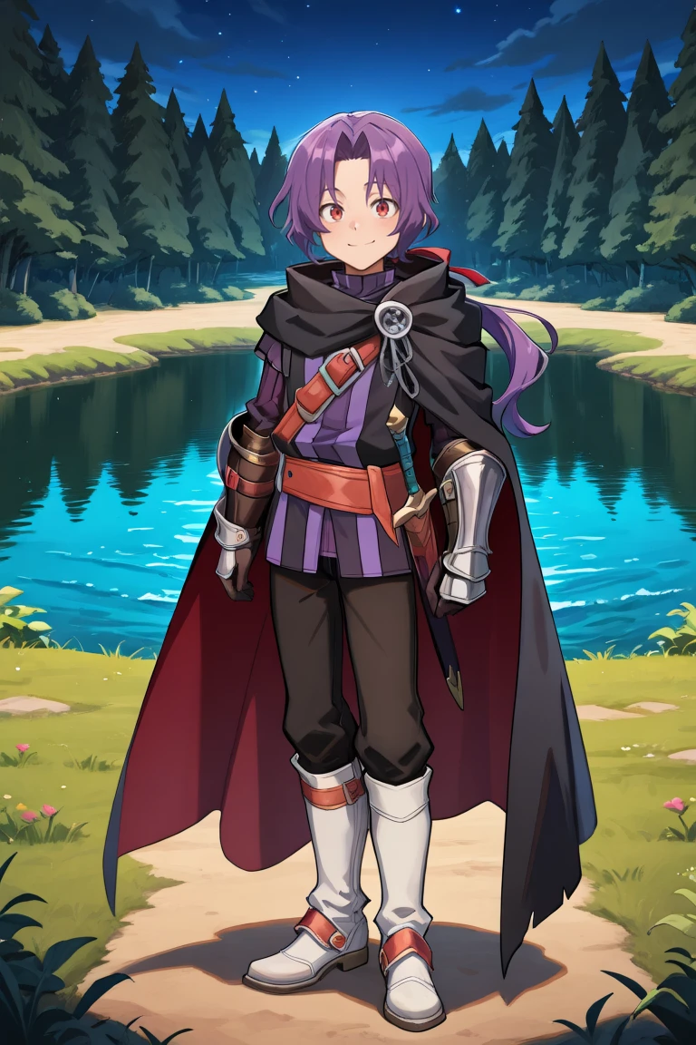 <lora:RussellIL:0.8> , rusdef, 1boy, red eyes, purple hair, long hair, ponytail, low ponytail, hair ribbon, black cloak, cape, striped tunic, tunic, belt, black pants, gloves, gauntlets, white boots, full body, looking at viewer, smile, exterior, lake, garden, night, forest, masterpiece, very aesthetic, absurdres, best quality, amazing quality, high resolution, <lora:illustrious_quality_modifiers_masterpieces_v1:0.8> , <lora:ChamIllustriousBackgroundEnhancer:0.5>,  solo,
