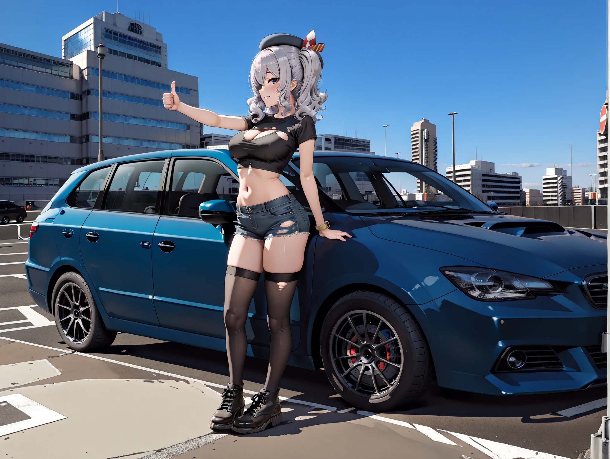 masterpiece,best quality,amazing quality,solo,1girl,
<lora:kashima_ilxl_v1.1:0.7>,kashima,k_hat,black beret,
<lora:Fixhands_anime_bdsqlsz_V1:1>,
<lora:H_S_area_ilxl_v1:1>,Service_area00,blue sky,
skyscrapers,road,building,street,traffic light,lamppost,looking_up,light_blush,grin,dusk,profile,looking_at_viewer,reaching,cutoffs,torn_shorts,crop_top,navel_cutout,doc_martens,black_thighhighs,city,thumbs up,full body,standing,detailed car interior,front view,