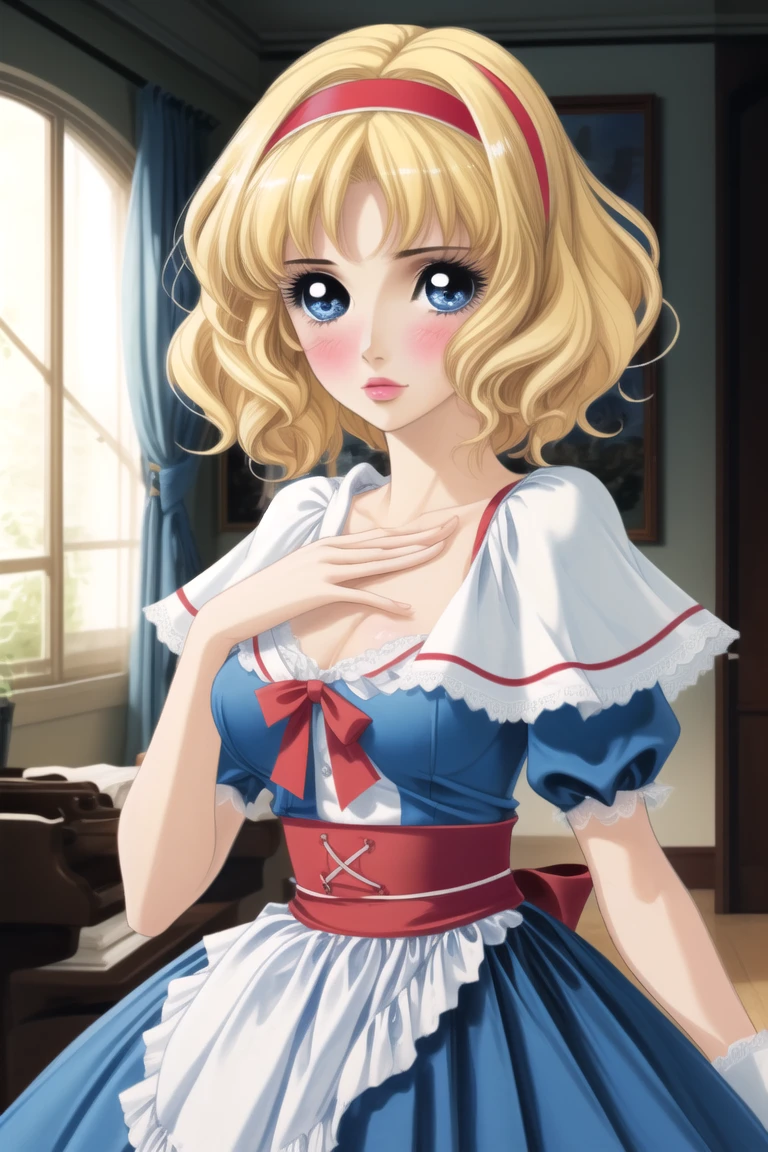 1girl,alice margatroid,breasts,blonde hair,blue eyes,solo,dress,hairband,white capelet,blue dress,capelet,large breasts,short hair,blush,indoors,