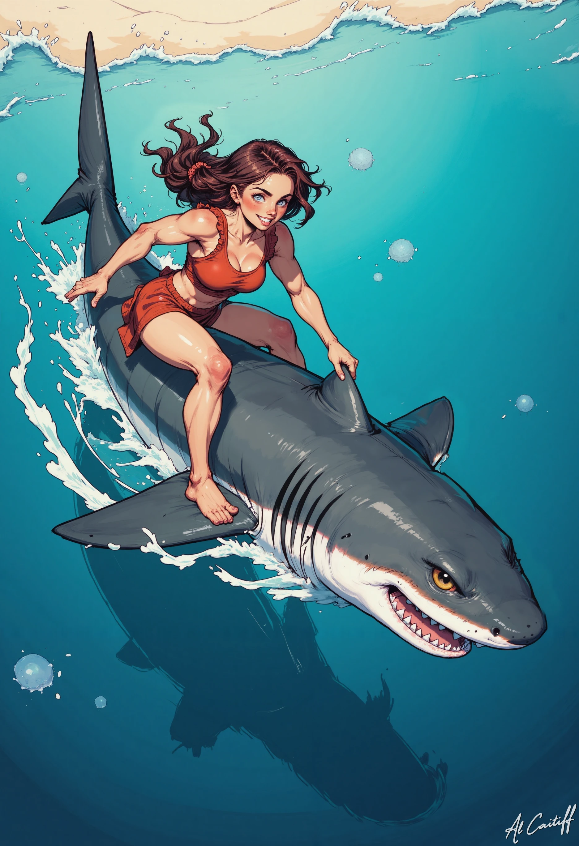 MysticComic, girl close up riding a shark in the ocean<lora:CustomFlux/MysticComic-v3.safetensors:1.0:1.0>