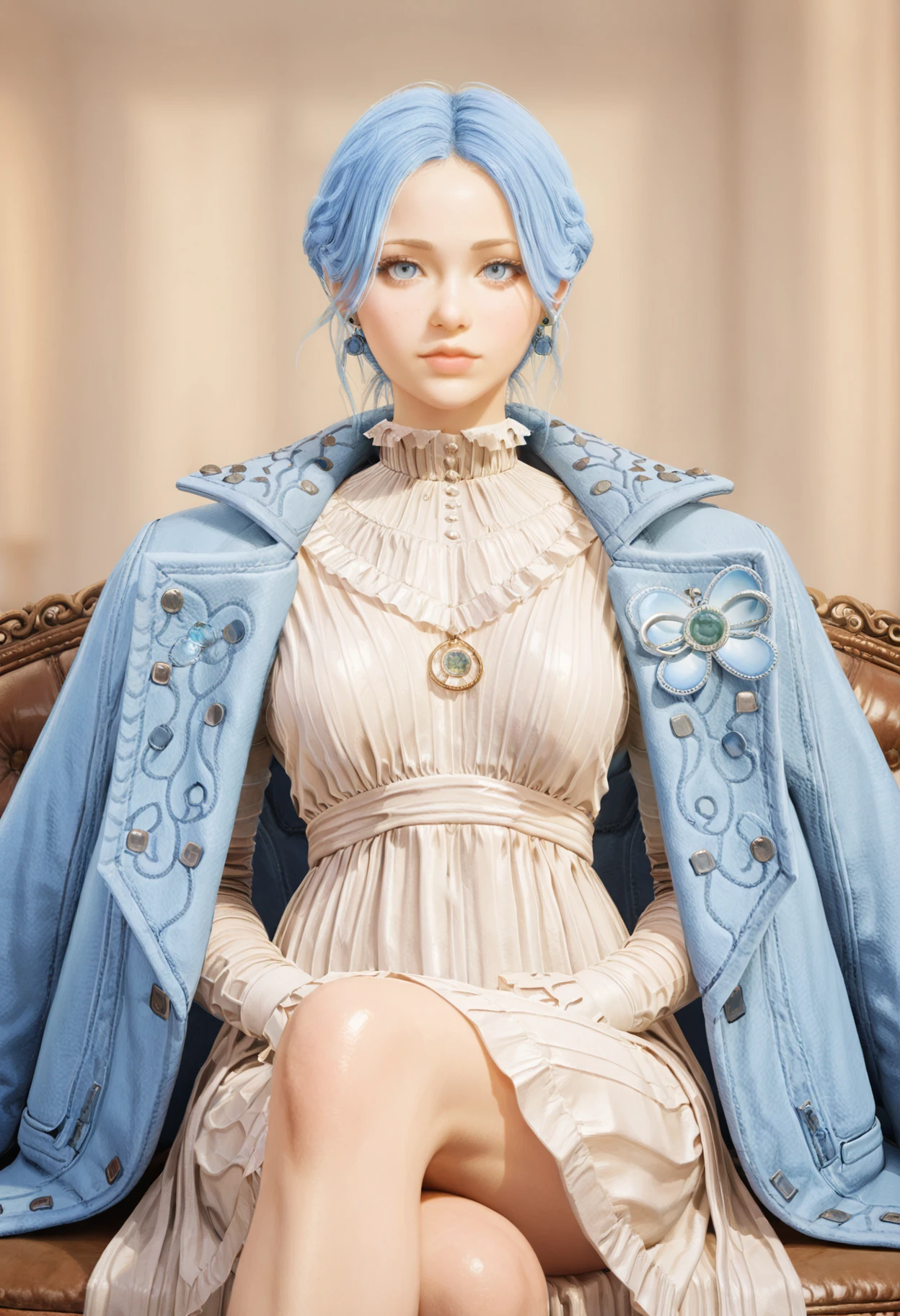 masterpiece, best quality, amazing quality, very aesthetic, absurdres, newest, 1girl, detailed face,
evulchibi, (realistic:0.5),
<lora:sophia_monad_liesofp_illustr:0.9> s0ph1a_m0nad, blue hair, blue eyes, blue coat, white dress, jewelry, jacket, necklace, earrings, dress, jacket on shoulders,
sitting, crossed legs, looking at viewer,