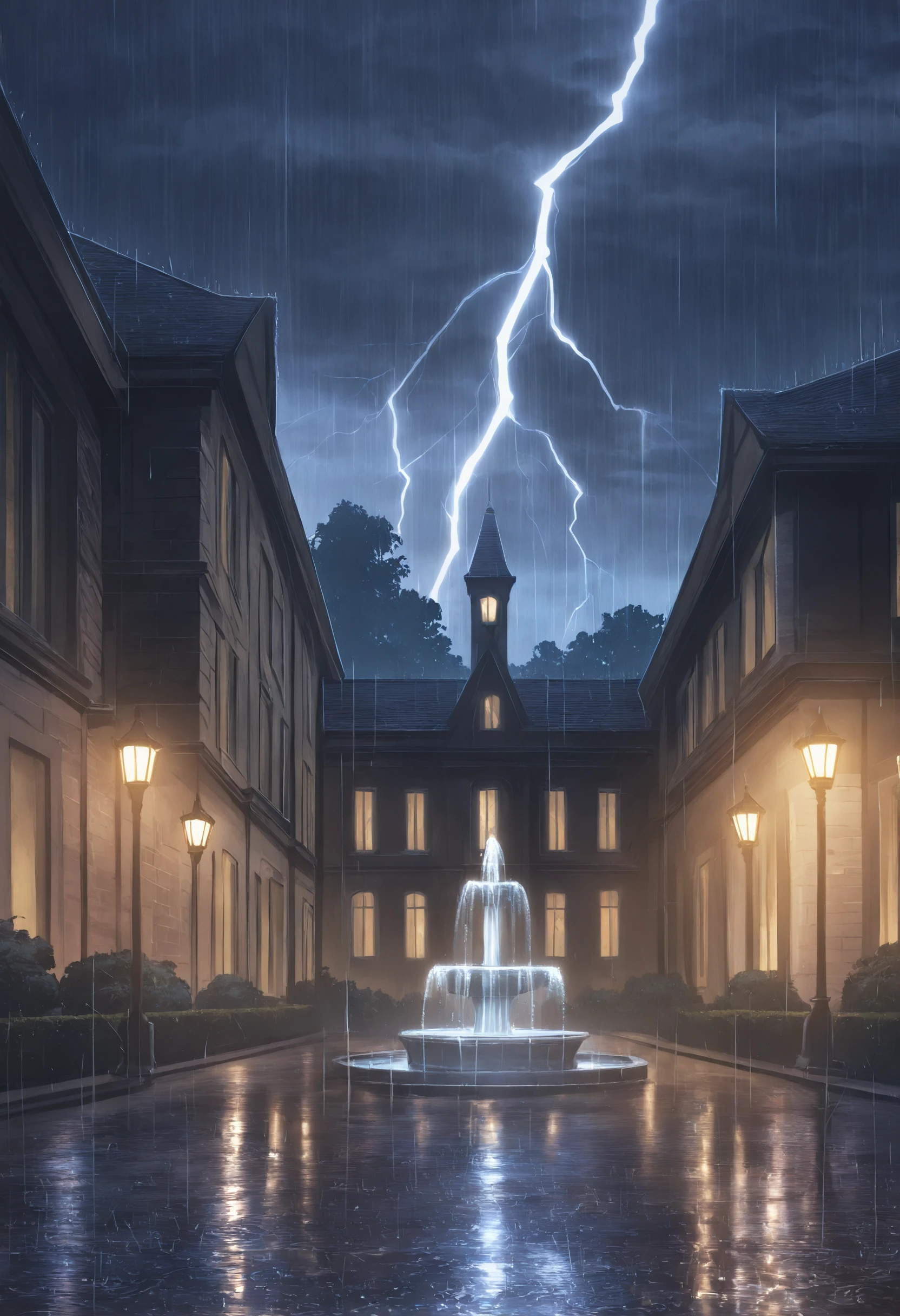 masterpiece, best quality, highly detailed,soft shadows, dark,night,cloudy, rain,storm, heavy rain, heavy-rain, no humans, mansion, trees, lights inside building, beautiful lawn, fountain in front of building, brick walls, wet, wet ground, garden, street lamp, lightning  hitting tower
<lora:Rain (Illustrious) v1:1>