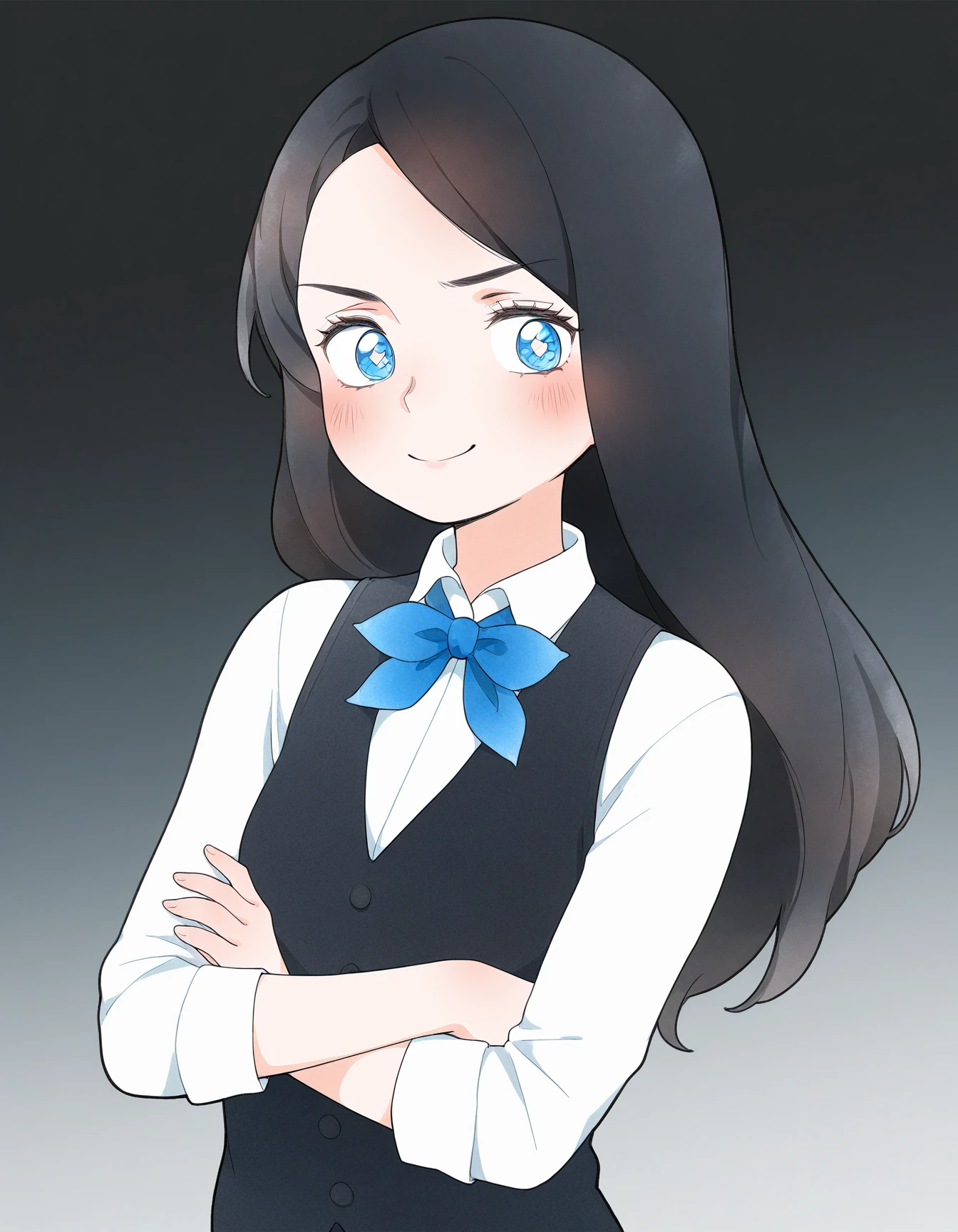 masterpiece, best quality, amazing quality, very aesthetic, high resolution,
Polina_Morozova, school uniform, black long hair, blue eyes, white shirt, black vest, blue bow on the neck, gradient background, smile, looking at viewer, crossed arms
<lora:Polina_Morozova_illustriousXL:0.9>