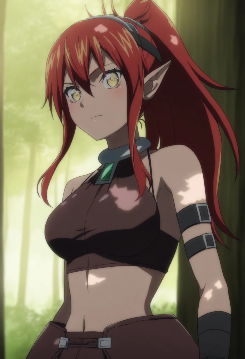 masterpiece, best quality, anime art style, cattleya, dark skin, pointed ears, fiery red hair, short hair, messy hair, crimson eyes, huge breasts, black dress <lora:arifuretaFromCommonplaceTo_01:0.6>