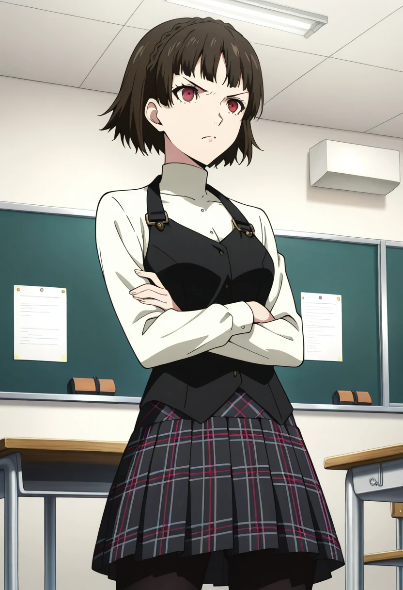 score_9, score_8_up, score_7_up, (source_anime), 1 girl, solo, nsfw, cute face,
p5makoto, niijima makoto, short hair, bangs, brown hair, long sleeves, school uniform, pantyhose, pleated skirt, turtleneck, plaid skirt, crown braid, shuujin academy school uniform, black vest,
indoors, classroom, arms crossed, stern, angry,
masterpiece, best quality, ultra detailed, absurdres, very aesthetic