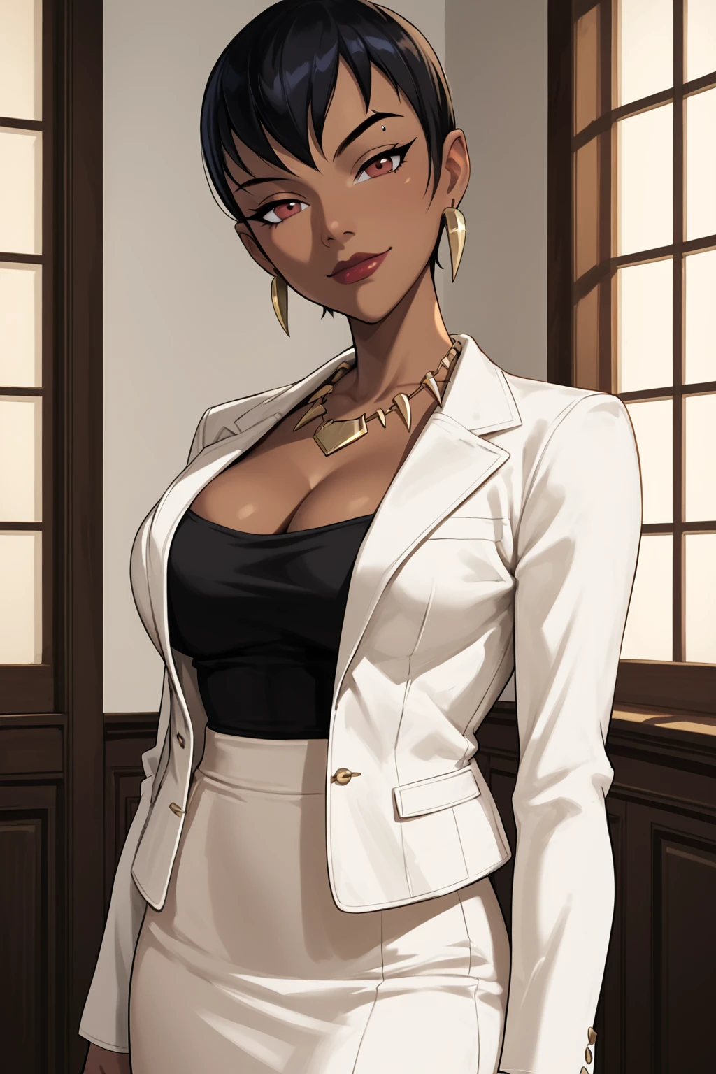 PonyXLV6_Scores BREAK (((parody)), perfect anatomy, perfect eyes, cowboy shot) <lora:add_details_xl:0.8> BREAK <lora:Vixen_-_DC_Animated_Universe:0.8> mari mccabe, short hair, black hair, dark-skinned female, red eyes, flirting, raised eyebrow, ((looking at viewer)), jewelry, earrings, necklace, white suit, formal, jacket, cleavage, black tube top, skirt, large breasts, curvy, toned, athletic, seductive pose, indoors