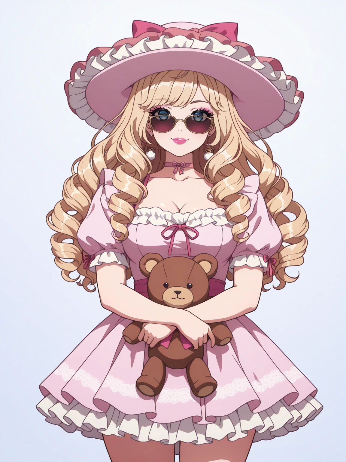 Masterpiece,best quality,1girl,solo,vector art,looking at viewer,smile,puffy lips,lipstick,makeup,eyelashes,double eyelids,choker,ribbon,blonde,sunglasses,
edgBisqueDoll, a doll with a pink dress and a hat ,wearing edgBisqueDoll_clothing,edgBisqueDoll_hair,edgBisqueDoll_face,edgBisqueDoll_body, cowboy shot,holding teddy bear,
 <lora:edgBisqueDollILS:1>