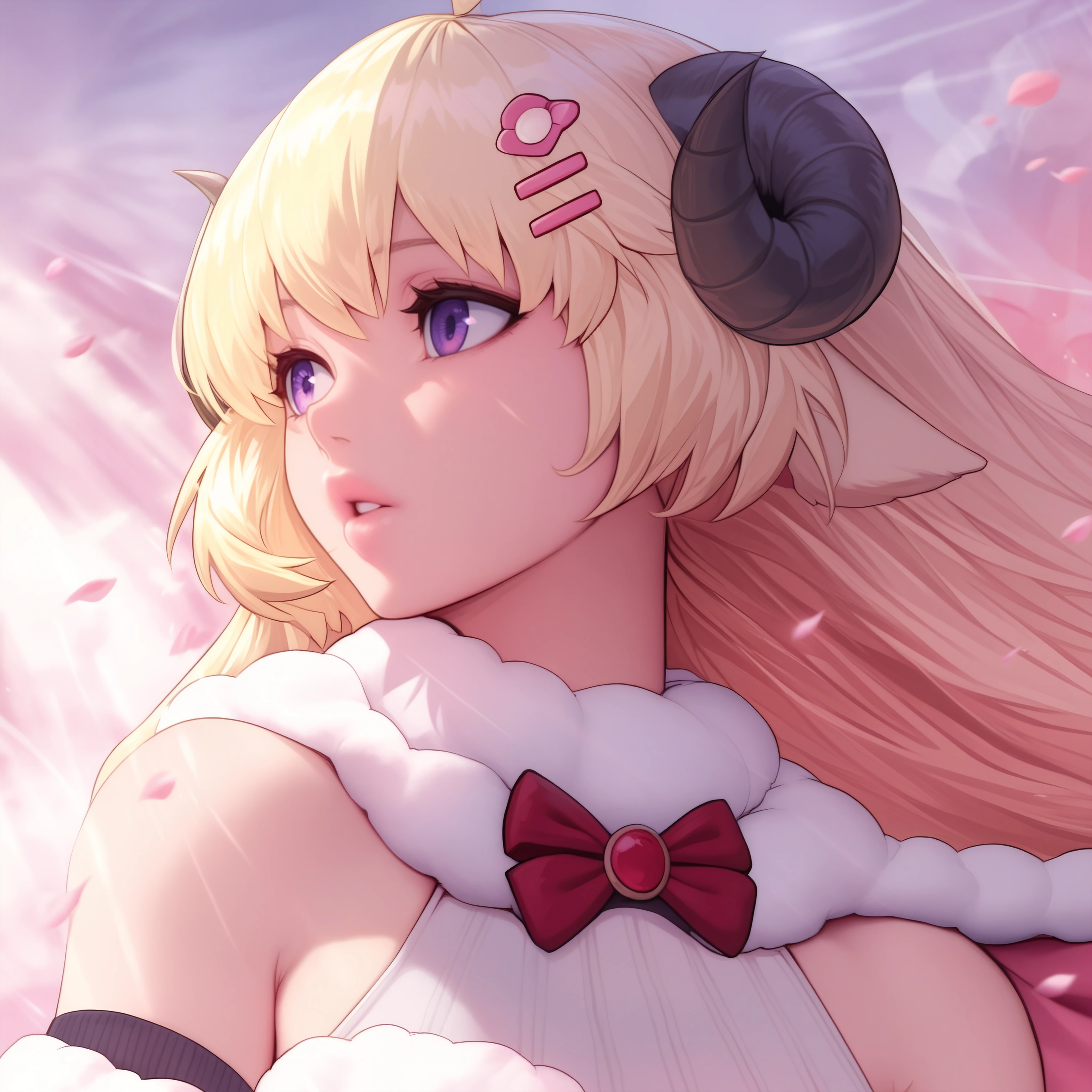 masterpiece, best quality, very aesthetic, abstract background,1girl,close-up, WtmBase, horns, blonde hair, purple eyes, very long hair, ahoge, pink hair ornament, white fur-trimmed dress, short dress, red bowtie, detached sleeves, layered sleeves, pouch, bare shoulders, fur-trimmed cape, pink cape,parted lips,thick lips,wind,petals,sunbeam, shadows,looking to the side <lora:slau_n11:1> <lora:ChamTsunomakiWatameIllustriousXL:0.8>