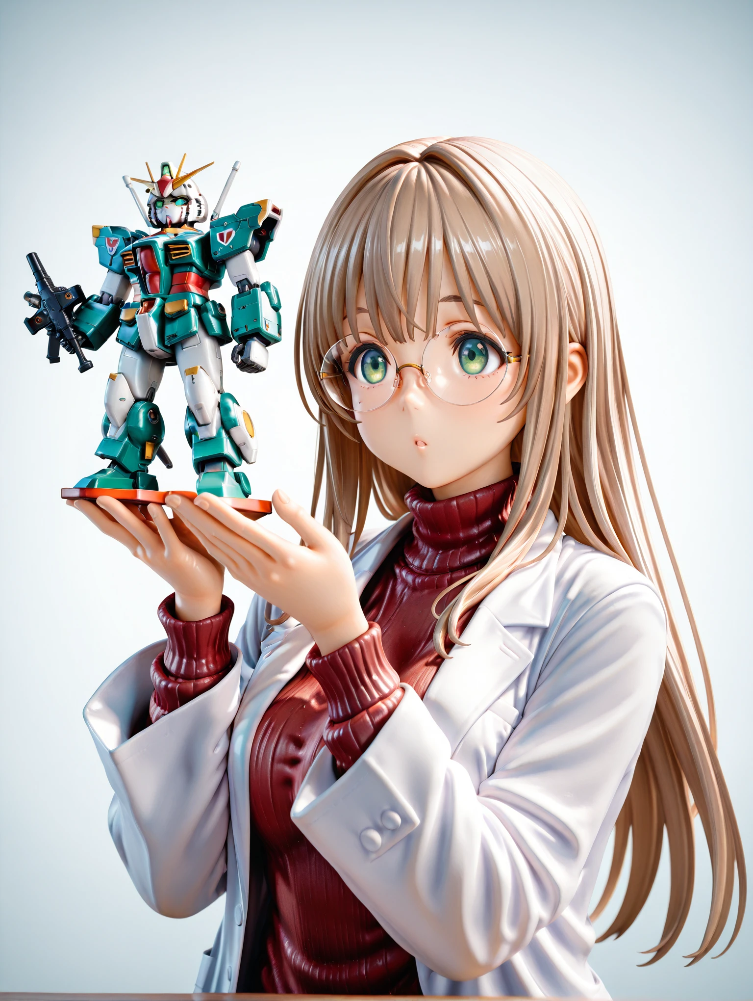 1girl, solo, green eyes, tareme, rimless eyewear, round eyewear, light brown hair, long hair, straight hair, lab coat, turtleneck sweater, holding model kit, gunpla, V-fin, masterpiece, best quality, good quality, newest,PVC,3D,masterpiece,best quality,amazing quality