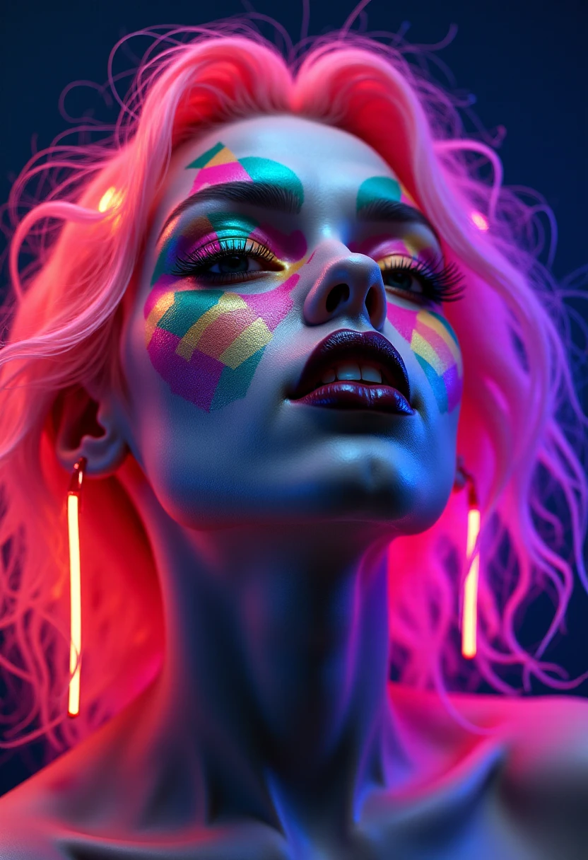 A portrait of a pale person with geometrical face paint and special neon hair. w3p0rtra1t. <lora:Weird_Portraits-000017:1>