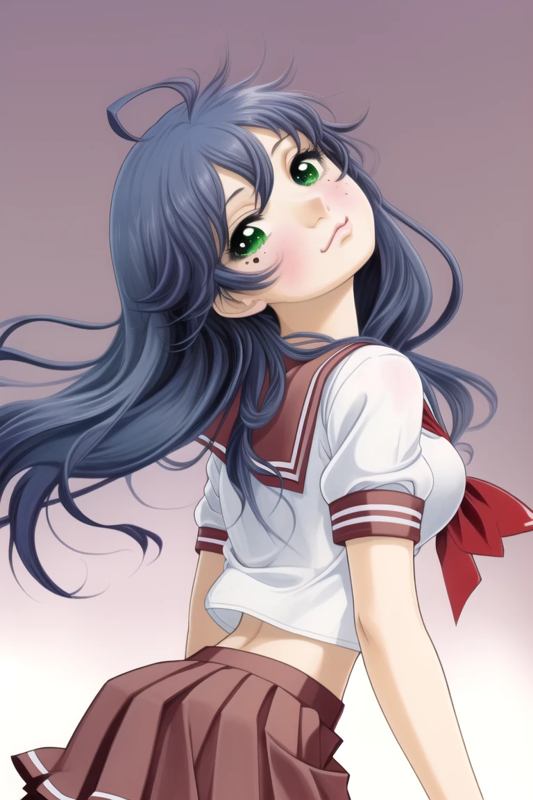 izumi konata, 1girl, solo, long hair, mole, mole under eye, school uniform, skirt, serafuku, green eyes, blue hair, ryouou school uniform, :3, navel, clothes lift, lifted by self, ahoge, dated, shirt lift, pleated skirt, red skirt, sailor collar, looking at viewer, hair between eyes
shaft head tilt
from behind