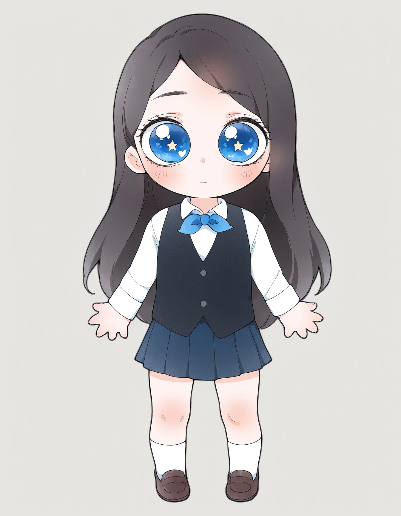 masterpiece, best quality, amazing quality, very aesthetic, high resolution, solo
Polina_Morozova, school uniform, black long hair, blue eyes, white shirt, black vest, blue bow on the neck, mikus-concept, full body, big eyes, chibi
 <lora:silly-guy-il:1>
 <lora:Polina_Morozova_illustriousXL:0.9>