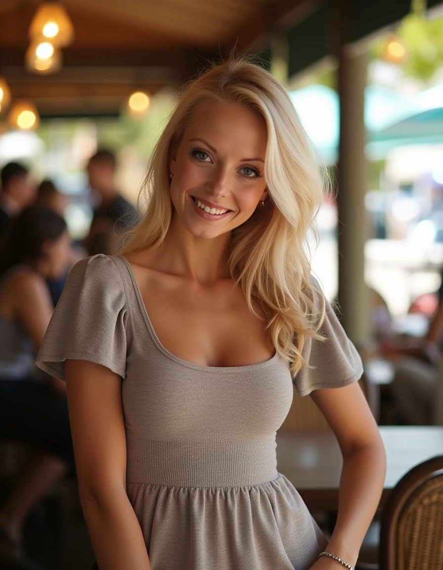 Extreme Beautiful woman from austria, hyperrealistic face, babyface, long blonde hair, 25 years old, model posing, smiling, special camera angle,  clothes, , outside