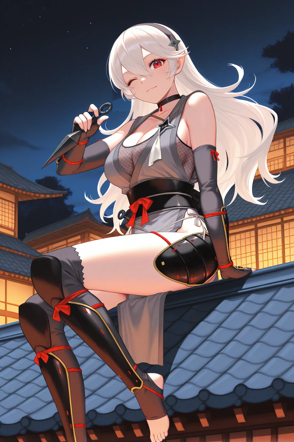 masterpiece, best quality, 1girl, solo, <lora:fecorrin-illu-nvwls-v1:1> nCor, white hair, hair between eyes, long hair, pointy ears, red eyes, black hairband, black choker, ninja outfit, japanese armor, fishnet top, cleavage, grey kimono, sleeveless kimono, arm guards, sash, pelvic curtain, toeless legwear, black gloves, elbow gloves, fingerless gloves, large breasts, sitting, rooftop, full body, holding kunai, looking at viewer, wink, night, japanese architecture, from below