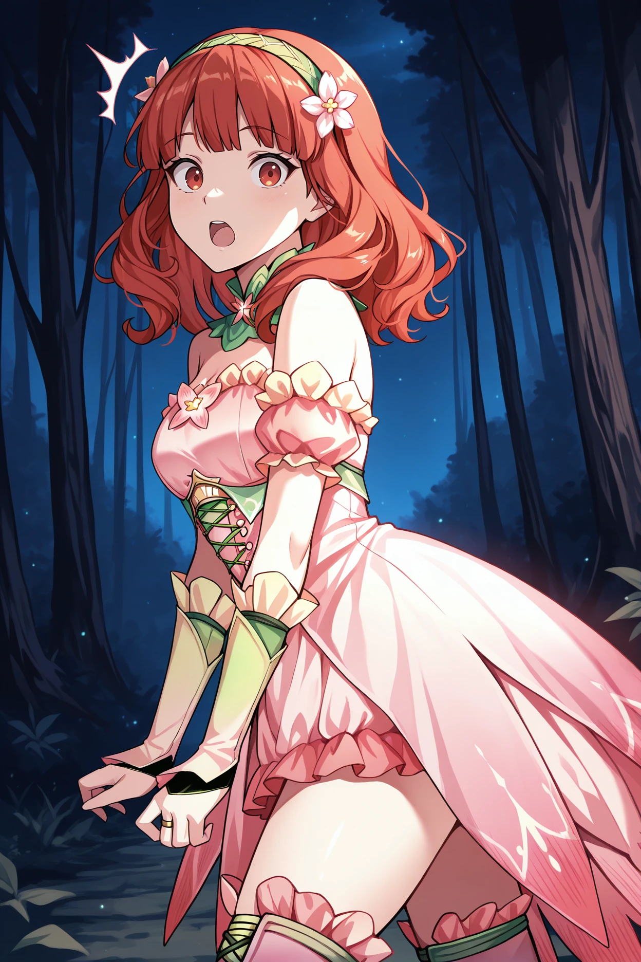 masterpiece, best quality, 1girl, solo, <lora:fecelica-illu-nvwls-v1:1> respCeli, red hair, red eyes, green hairband, hair flower, detached collar, green collar, pink dress, gradient clothes, frills, green bridal gauntlets, thigh boots, from side, looking at viewer, open mouth, surprised, night, forest