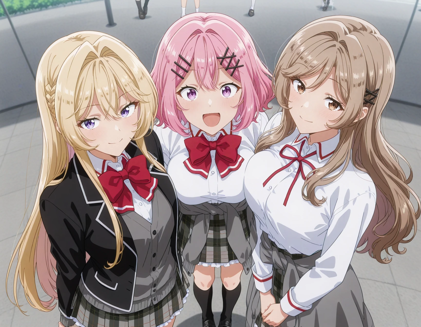 anime artwork (key:-1.5), <lora:Hyper-SDXL-8steps-lora:1>,
masterpiece,best quality,highres,source_anime,anime screencap,anime coloring,megami magazine,sidelighting,shiny luminous,shiny skin,
outdoors, park, 
 <lora:watakoi_IL:1>
[SEP]
3girls, (breast press:1.5), standing, 
watakoi, ouduka_mai,  long hair, looking at viewer, blush, smile, blue eyes, 
shirt, skirt, blonde hair, long sleeves, bow, hair between eyes, closed mouth, very long hair, standing, jacket, school uniform, white shirt, braid, sidelocks, pantyhose, pleated skirt, open clothes, shoes, collared shirt, bowtie, black footwear, open jacket, red bow, black jacket, black pantyhose, plaid, hair intakes, plaid skirt, cardigan, blazer, 
red bowtie, loafers, french braid, grey cardigan,
[SEP]
3girls, (breast press:1.5), standing, 
watakoi, amaori_renako, breasts, looking at viewer, blush, open mouth, short hair, 
shirt, skirt, long sleeves, hair ornament, bow, standing, school uniform, purple eyes, white shirt,pink hair, shoes, socks, hairclip, bowtie, black footwear, red bow, plaid, kneehighs, plaid skirt, black socks, x hair ornament,
 loafers, clothes around waist,
[SEP]
3girls, (breast press:1.5), standing, 
watakoi, sena_ajisai, long hair, breasts, looking at viewer, blush, smile, simple background, shirt, skirt, blonde hair, brown hair, long sleeves,, ribbon, closed mouth, medium breasts, brown eyes, standing, school uniform, white shirt, pleated skirt, frills, shoes, collared shirt, socks, red ribbon, head tilt, plaid, kneehighs, neck ribbon, dress shirt, brown footwear, white socks, plaid skirt, light brown hair, own hands together, loafers, interlocked fingers, grey skirt . anime style, key visual, vibrant, studio anime,  highly detailed