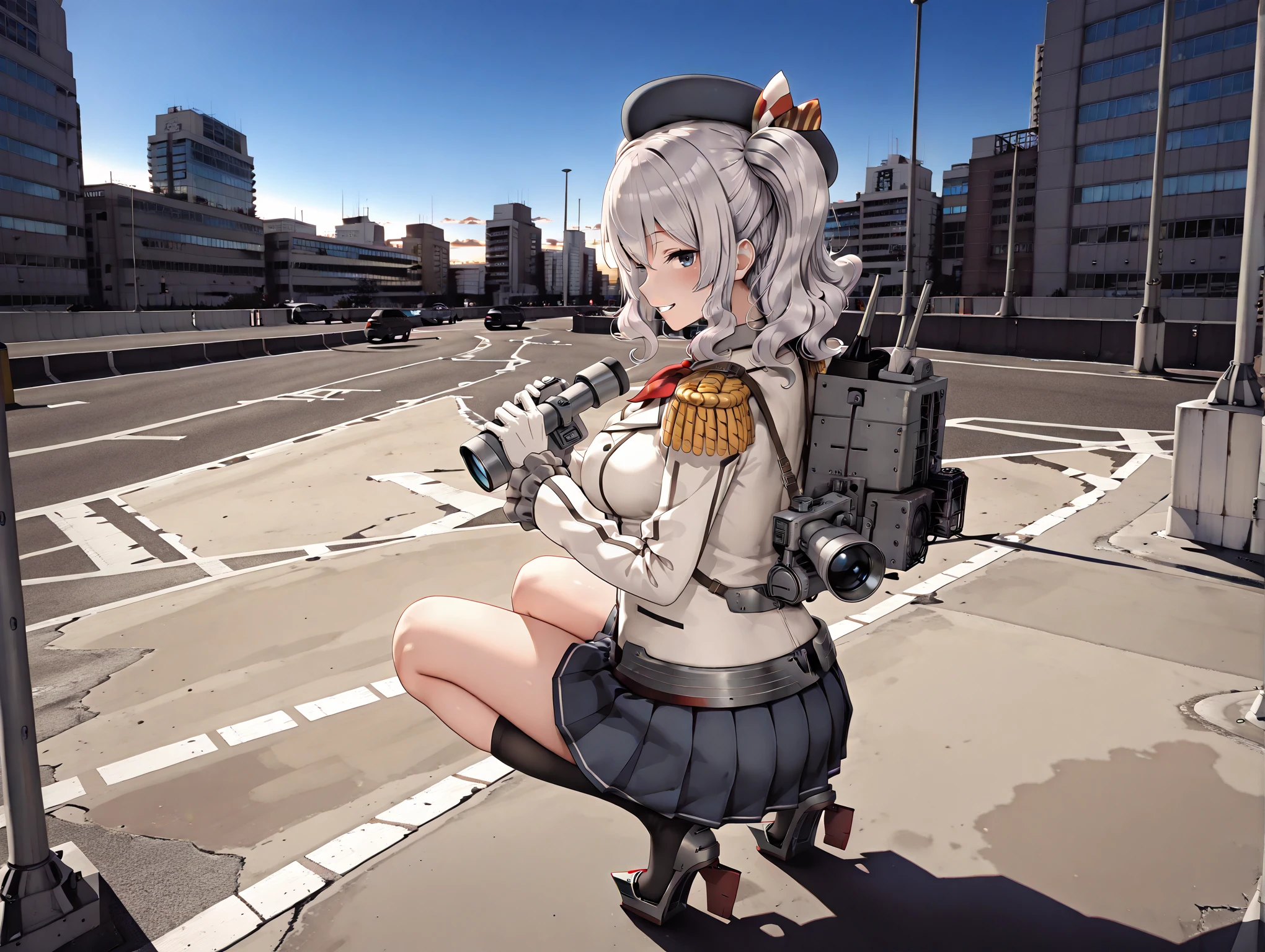 masterpiece,best quality,amazing quality,solo,1girl,illustration,
<lora:kashima_ilxl_v1.1>,kashima,k_hat,black beret,k_clothes,rudder footwear,k_ro,machinery,turret,k_binoculars,
<lora:Fixhands_anime_bdsqlsz_V1:1>,
<lora:H_S_area_ilxl_v1:1>,Service_area00,blue sky,
skyscrapers,road,building,street,traffic light,lamppost,squatting,from_above,looking_up,light_blush,grin,dusk,profile,from_back,looking_at_viewer,reaching,