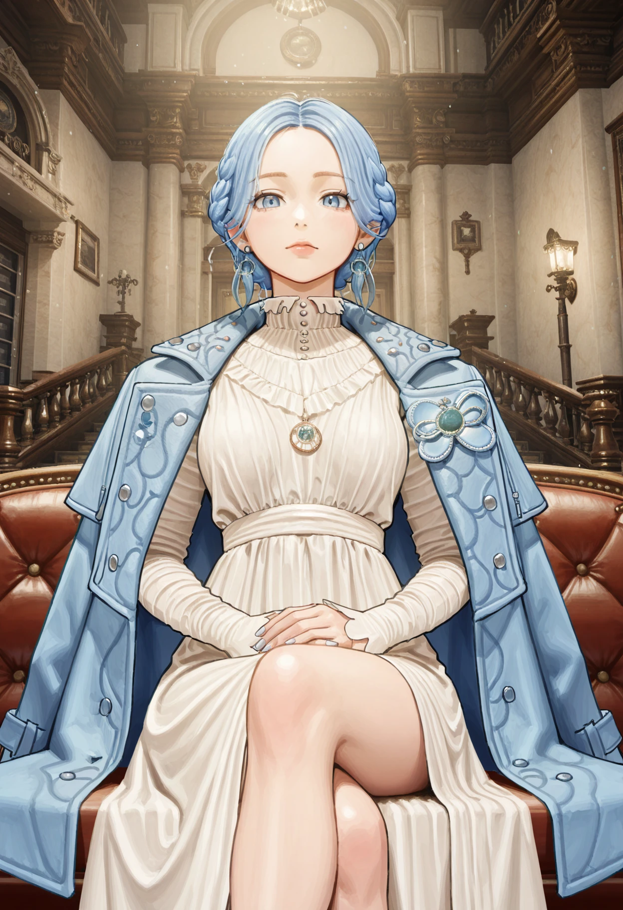 masterpiece, best quality, amazing quality, very aesthetic, absurdres, newest, 1girl, detailed face,
mangamaster,
<lora:sophia_monad_liesofp_illustr:0.9> s0ph1a_m0nad, blue hair, blue eyes, blue coat, white dress, jewelry, jacket, necklace, earrings, dress, jacket on shoulders,
sitting, crossed legs, looking at viewer,