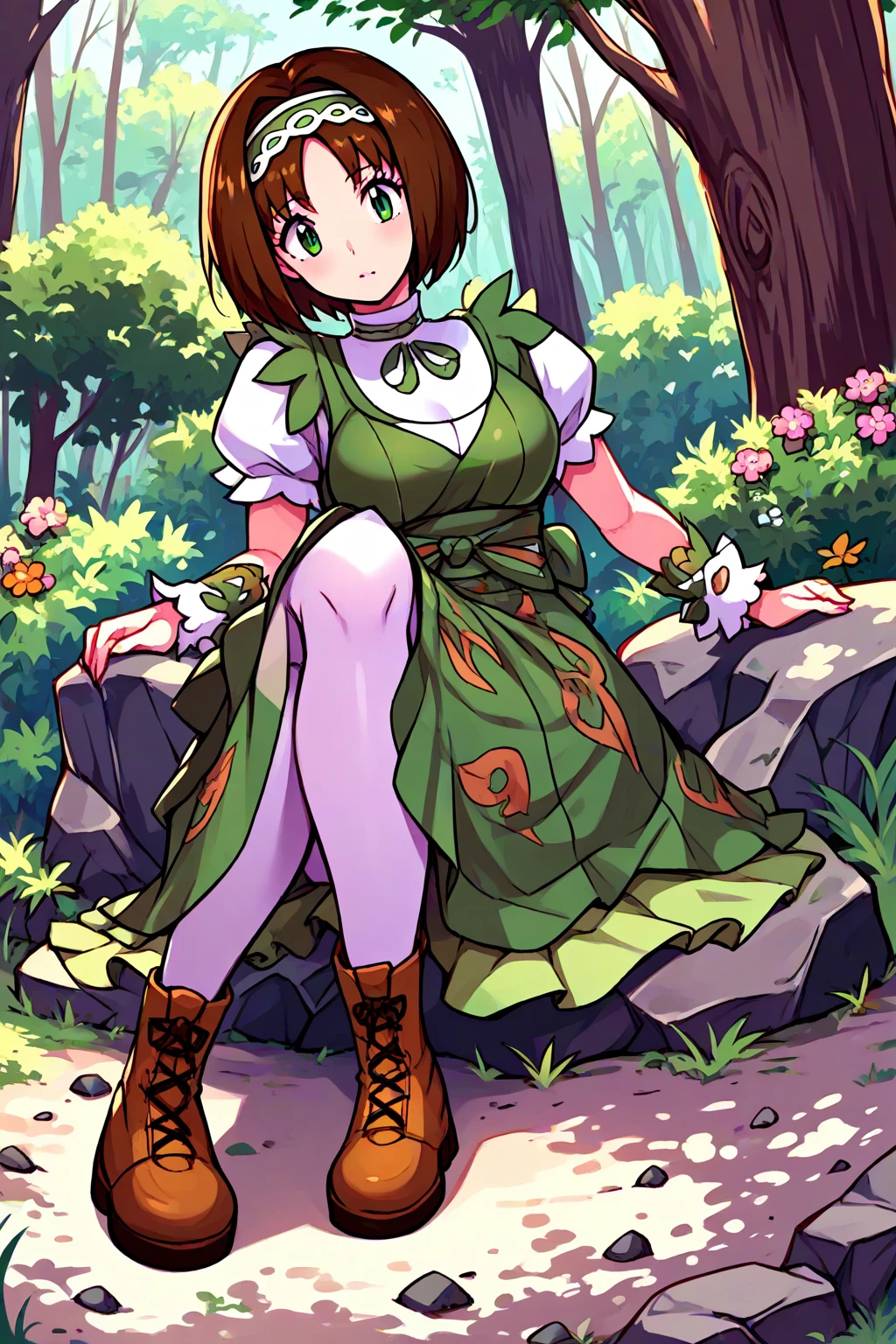 source_anime, score_9, score_8_up, score_7_up, 1girl, solo,) sitting, on a rock, forest, woods, nature, anime, character age 20, mature female, ,sygerika, erika_\(pokemon\), green_eyes, black_hair, short_hair,green_hairband, hair_flower,dress, green_dress, (short_sleeves), single_wrist_cuff, white_pantyhose,boots, brown_footwear, masterpiece,best quality