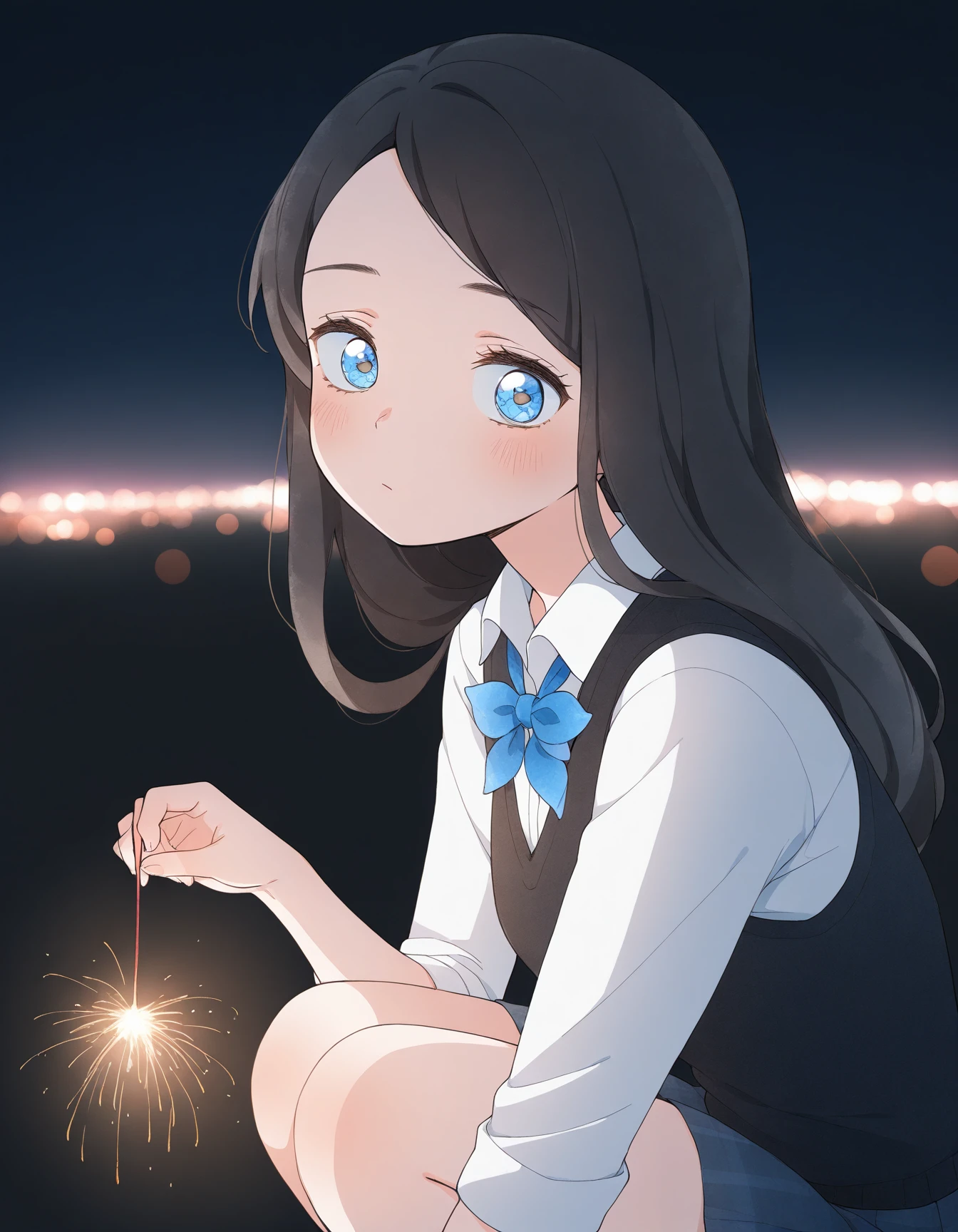 masterpiece, best quality, amazing quality, very aesthetic, high resolution, solo
Polina_Morozova, school uniform, black long hair, blue eyes, white shirt, black vest, blue bow on the neck, absurdres, holding fireworks, sparkler, squatting, looking at viewer, from side, night, (festive fireworks), backlighting, bokeh, snow, city<lora:senkou_hanabi_il_d16:1>
<lora:Polina_Morozova_illustriousXL:0.9>