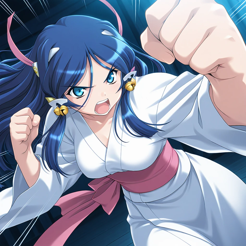 masterpiece, best quality, official art, amazing quality, intricate, game cg,
1girl, solo, miki, blue hair, curvy, medium breasts,
white kimono,
brave, serious, shouting, ((punching)), raised fist, dynamic angle, motion lines, speed lines, emphasis lines,
dynamic motion, deep shadow, deep contrast of light and dark, sharp focus, depth of field, dutch angle <lora:ichinose miki v1:1>