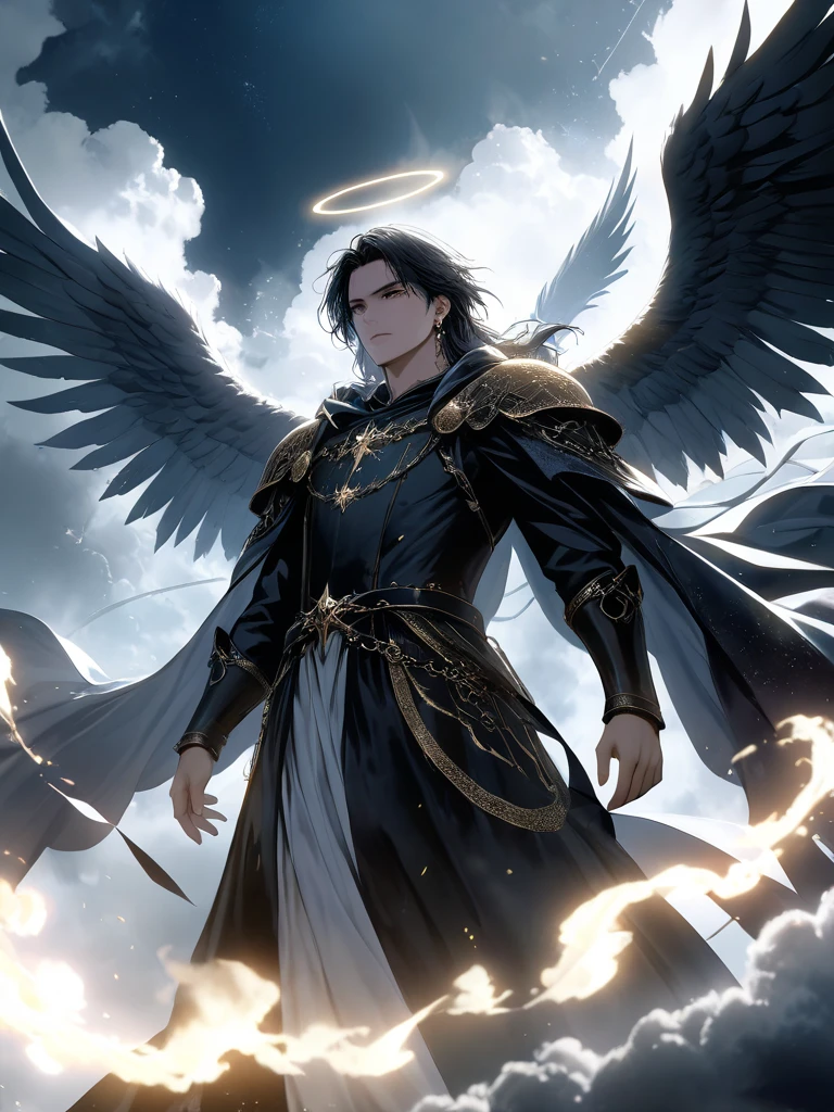 (masterpiece,best quality:1.3),ultra realistic,32k,RAW photo,(high detailed skin:1.2), 8k uhd, soft lighting, high quality, film grain,
A majestic, intricately winged fallen angel with piercing eyes, adorned in tattered, darkened celestial robes, surrounded by wisps of ethereal smoke, amidst a backdrop of ominous, foreboding clouds, plotting to overthrow Heaven's rulers and seize control of the celestial kingdom.