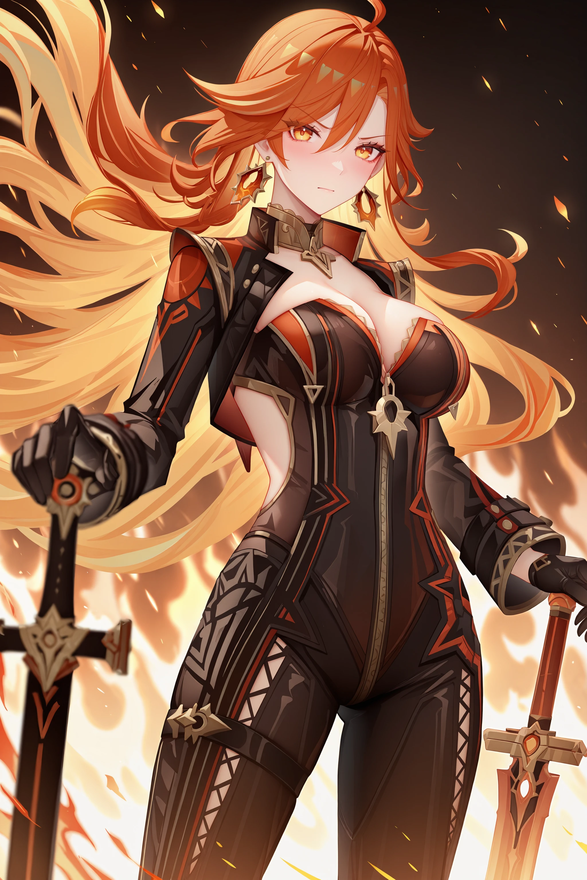 1girl, mavuika \(genshin impact\), earrings, black bikesuit, black gloves, shrug \(clothing\), metal collar, cowboy shot,  fire, fiery hair, embers, looking at viewer, floating hair, glaring, hand on hilt, sword , <lora:Char-Genshin-Mavuika-V2-IL:1:hr=0.2>
masterpiece, best quality, amazing quality, very aesthetic, absurdres, perfect features, perfect body, intricate details, ray tracing, (binggong asylum0.82), (onineko-chan:0.9)