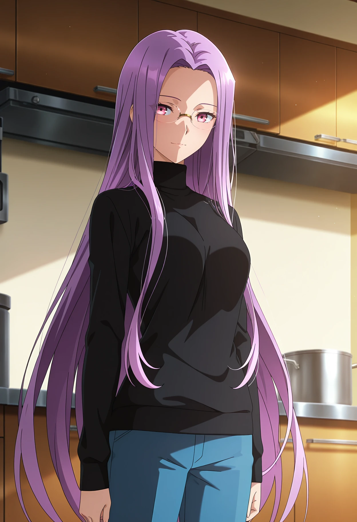 anime screencap, masterpiece, best quality,
<lora:FateStayNightUBW_Medusa_IlluXL:0.9>,
1girl, solo, light smile,
purple hair, long hair, pink eyes, forehead, glasses,
MedusaCasual, black sweater, turtleneck, blue pants,
standing, looking at viewer, cowboy shot,
indoors, kitchen