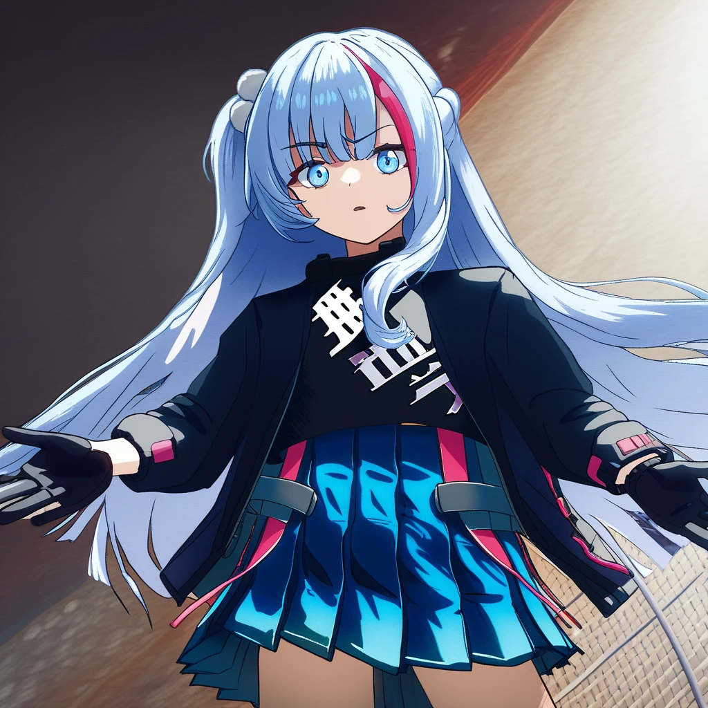 Kuro1st, long hair, multicolored hair, streaked hair, blue eyes, bangs, black jacket, black gloves, black shirt, hair ornament, pleated skirt, hair bobbles, gradient clothes,