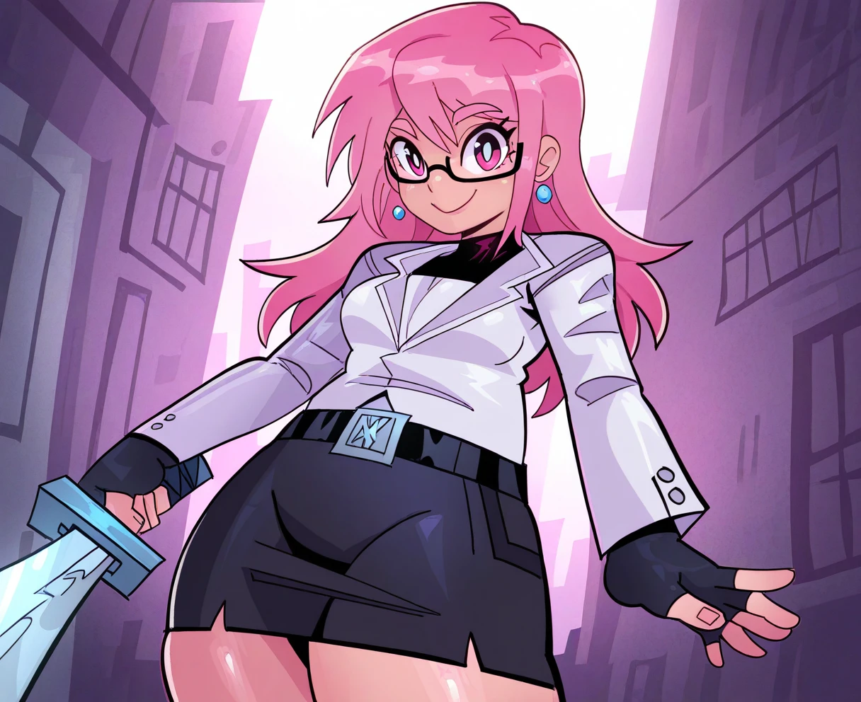 <lora:jiansketch:1> jiansketch,
(masterpiece), (best quality), (ultra-detailed), amazing quality, very aesthetic, illustration, perfect composition, intricate details, absurdres, incredibly absurdres, shiny skin, realistic,
jiansketch, 1girl, long hair, pink hair, sword, black skirt, glasses, black gloves, weapon, smile, white pupils, bright pupils, belt, looking at viewer, pink eyes, semi-rimless eyewear, white shirt, earrings, , long sleeves, jewelry, white jacket