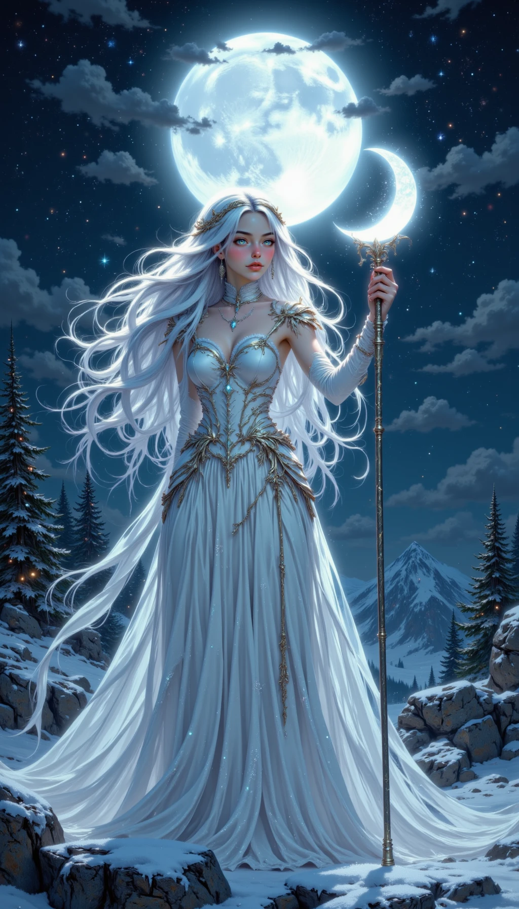 pinkmidnightfantasy,

A portrait of a pale woman standing under a full moon, her silver hair flowing like a frozen waterfall. She holds a glowing staff topped with a crescent moon, her expression calm and commanding as frosty wind swirls around her.
