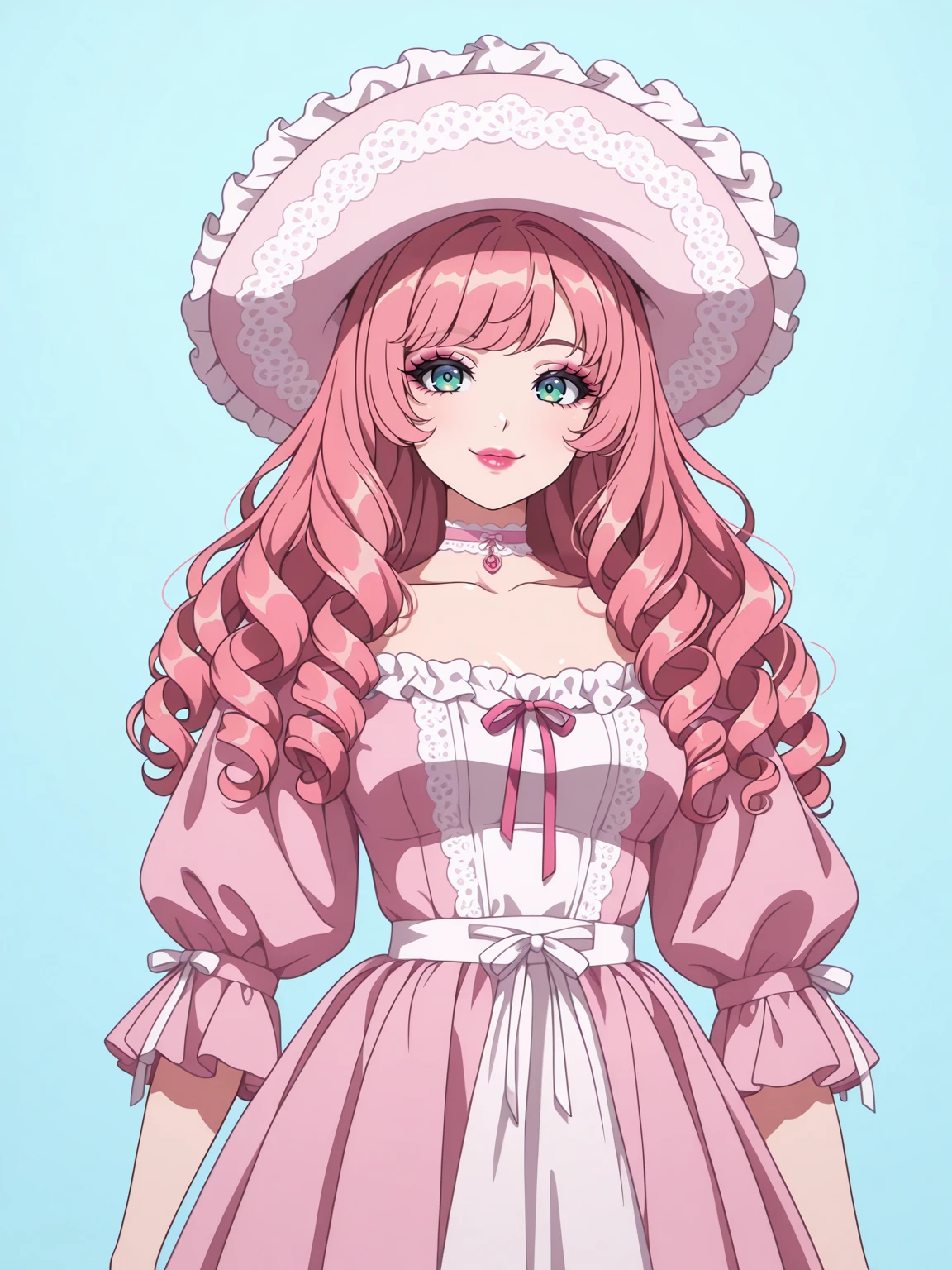 Masterpiece,best quality,1girl,solo,vector art,looking at viewer,smile,puffy lips,lipstick,makeup,eyelashes,double eyelids,choker,ribbon,
edgBisqueDoll, a doll with a pink dress and a hat ,wearing edgBisqueDoll_clothing,edgBisqueDoll_hair,edgBisqueDoll_face,edgBisqueDoll_body, cowboy shot,
 <lora:edgBisqueDollILS:1>