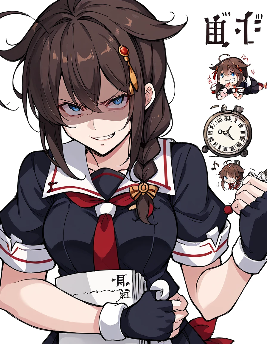 score_9, score_8_up, score_7_up, source_anime, <lora:kancolle-shigure-ingame-ponyxl-lora-nochekaiser:1>, shigure, shigure (kancolle), long hair, blue eyes, brown hair, black hair, hair ornament, braid, ahoge, single braid, hair over shoulder, hair flaps,, skirt, gloves, school uniform, pleated skirt, serafuku, fingerless gloves, necktie, red necktie, black skirt, black shirt, white sailor collar, short sleeves,, clock tower, clock, height, landmark, hands, , <lora:just-as-planned-ponyxl-lora-nochekaiser:1> just as planned, just as planned (meme), meme, death note (object), parody, evil grin, evil smile, smirk, shaded face,, looking at viewer, solo,, cowboy shot