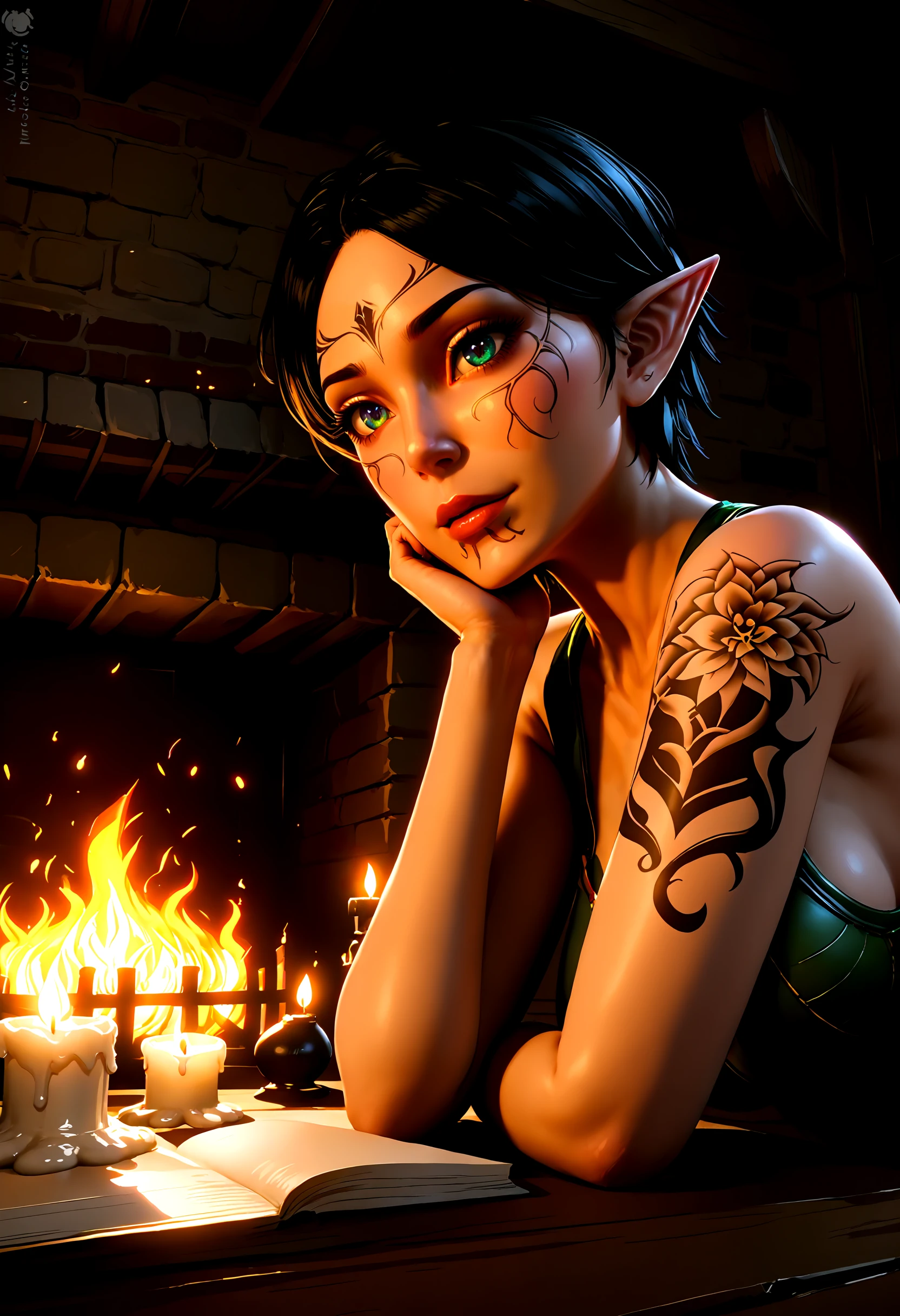 masterpiece, best quality, Smooth Quality - Pony,
merrill_(dragon_age_2), dalish, 1girl, solo, pointy_ears,  short_hair, elf, nail_polish, realistic, black_hair, solo, stargazing, candle, darkness,  chiaroscuro, close-up, cowboy_shot, portrait, boudoir, moonlit,  green_eyes, tattoo, from_below, arms_up,