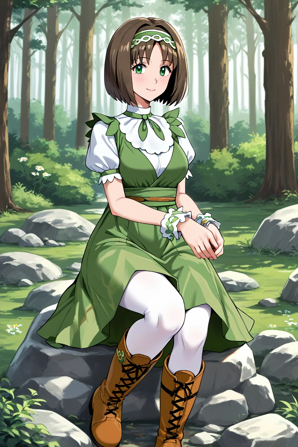 source_anime, score_9, score_8_up, score_7_up, 1girl, solo,) sitting, on a rock, forest, woods, nature, anime, character age 20, mature female, ,sygerika, erika_\(pokemon\), green_eyes, black_hair, short_hair,green_hairband, hair_flower,dress, green_dress, (short_sleeves), single_wrist_cuff, white_pantyhose,boots, brown_footwear, masterpiece,best quality