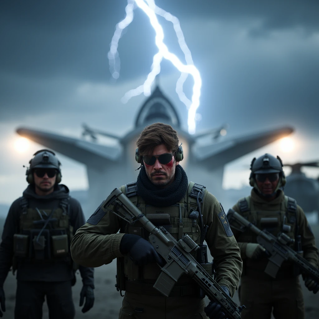 cinematic film still of  <lora:2042 - battlefield 2042 style v1:0.7>
In Futuristic style In the year 2042 a group of soldiers standing in front of a lightning, action movie themed, futuristic, military, combat, war, war zone, sharp, battle, destruction, violence, detailed, epic photography, artistic, dramatic light, cinematic style, film style, creative, battlefield 2042 style, holding, weapon, male focus, multiple boys, scarf, holding weapon, armor, gun, blood, 3boys, helmet, holding gun, rifle, headset, aircraft, airplane, assault rifle, lightning, jet, m4 carbine, fighter jet, gloves, sky, cloud, uniform, facial hair, military uniform, cloudy sky, goggles, beard, science fiction, realistic, electricity, load bearing vest, body armor, military operator, brown hair, jacket, upper body, outdoors, black gloves, sunglasses, smoke, blood on face, bulletproof vest, helicopter, camouflage, soldier, storm, shallow depth of field, vignette, highly detailed, high budget, bokeh, cinemascope, moody, epic, gorgeous, film grain, grainy