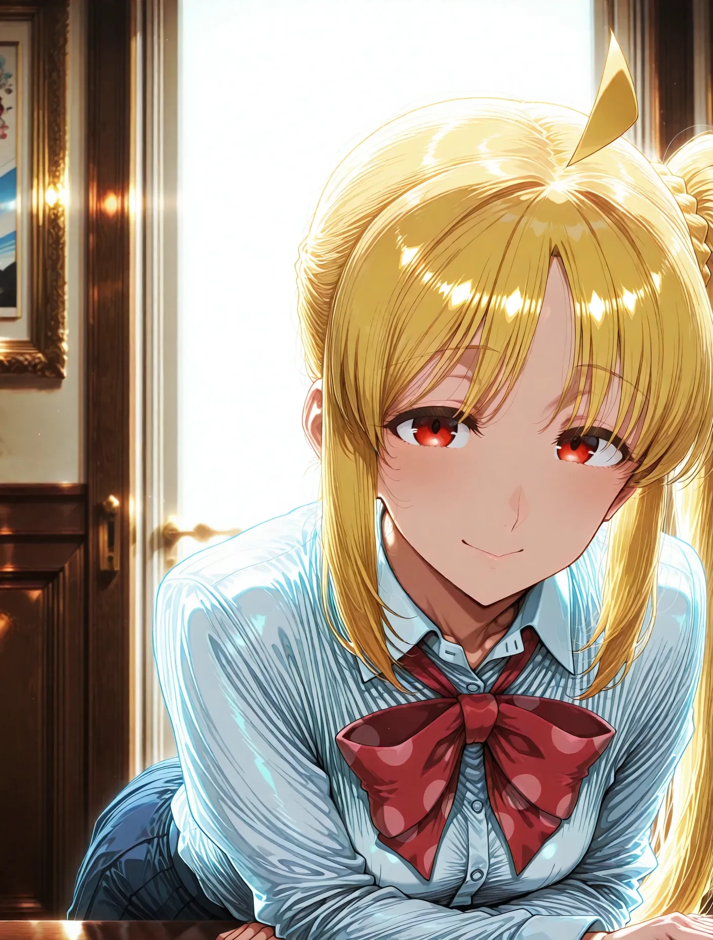 1girl, smile,looking at viewer,  
<lora:fav_Mature_Ver3.0:1> ,
ijichi nijika,bocchi the rock!, red eyes,Small brests. blonde hair, long hair, very long hair, side ponytail, ahoge, sidelocks, school uniform, white shirt, collared shirt, long sleeves, masterpiece, best quality, very aesthetic, absurdres, newest ,, <lora:dmd2_sdxl_4step_lora_fp16:1>,