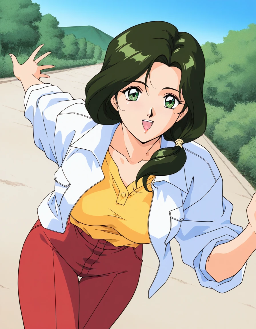 general,highres, ultra-detailed,very aesthetic,best quality ,best hands,  BREAK <lora:Sakurai_Sensei_IS:1>Sakurai_Sensei, 1girl,solo, dark green hair, long hair, green eyes, large breasts, low ponytail, lips,1990s (style), anime coloring, BREAK,
smile,looking at viewer, cowboy_Shot, open mouth, closed jacket, button,
down arms,
Yellow shirt, white jacket, red pants, long pants,
outdoor, day,, general,highres, ultra-detailed,very aesthetic,best quality ,best hands,  BREAK