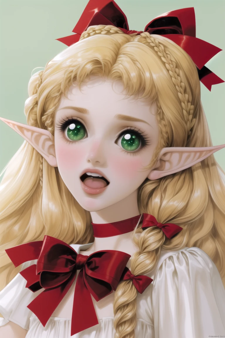 green eyes,1girl,pointy ears,solo,elf,blonde hair,braid,open mouth,meme,long hair,sweatdrop,hair bow,hair over shoulder,bow,red bow,choker,portrait,