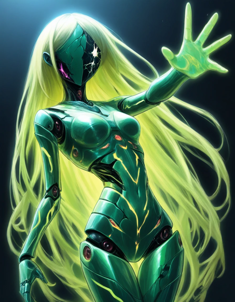 dasiwavodr, 1girl, void face, android, full shot, cracked skin, metal skin, emerald skin, perfect body, sexy, thigh gap, backlighting, joints, android parts, glowing neon lines, detailed colorful background, black background, armored parts, sharp focus, reaching up,