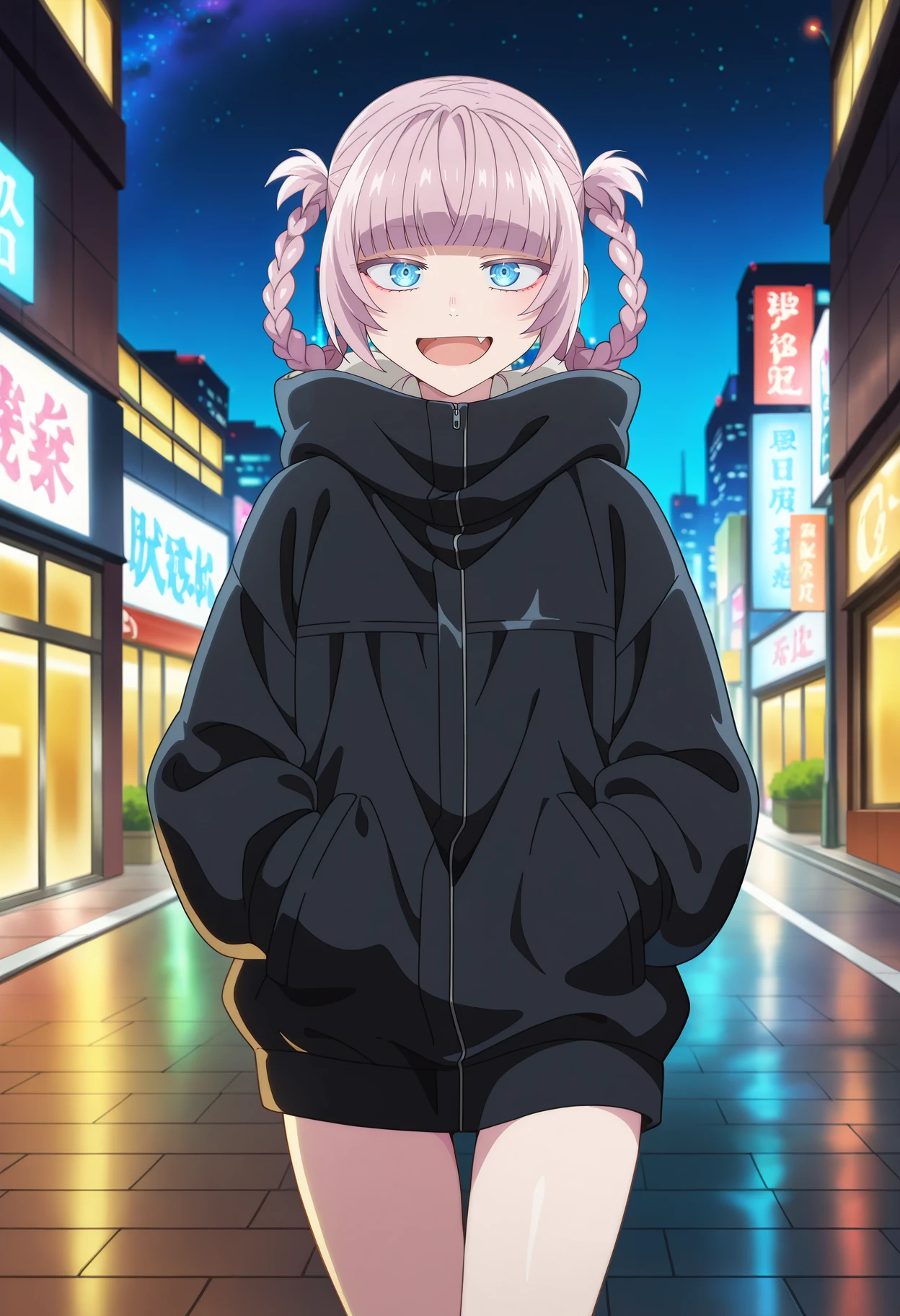 anime screencap, masterpiece, best quality,
<lora:YofukashiNoUta_NanakusaNazuna_IlluXL:0.9>,
1girl, solo, open mouth, smile, fang,
pink hair, short hair, braid, blunt bangs, hair rings, blue eyes,
NanakusaJacket, black jacket, hood down,
standing, looking at viewer, cowboy shot, hands in pockets, thigh gap,
blurry background, outdoors, city, night, starry sky