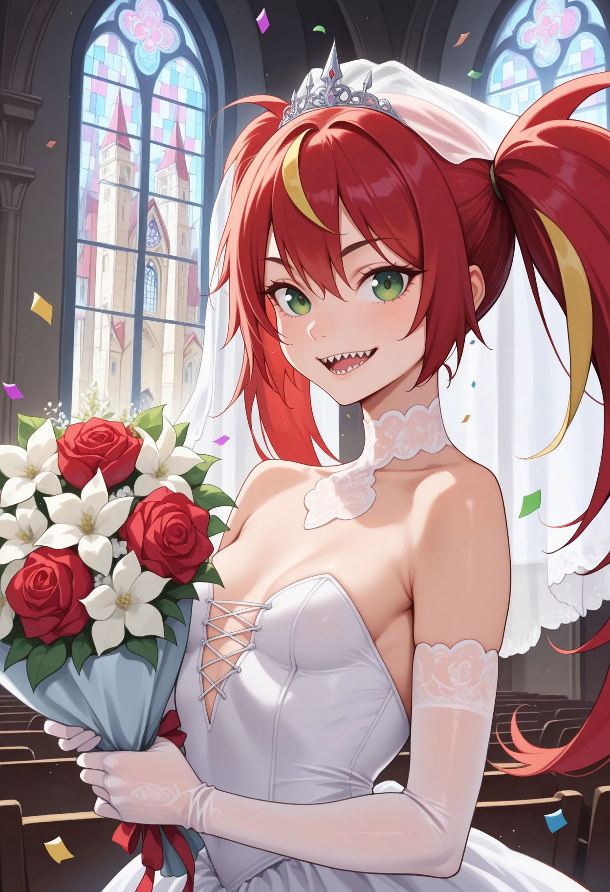 ((masterpiece,best quality)), absurdres, <lora:Valentine_Guilty_Gear:0.8>, valentine (guilty gear), red hair, red eyes, smile, bride, wedding dress, bridal veil, strapless dress, elbow gloves, holding bouquet,